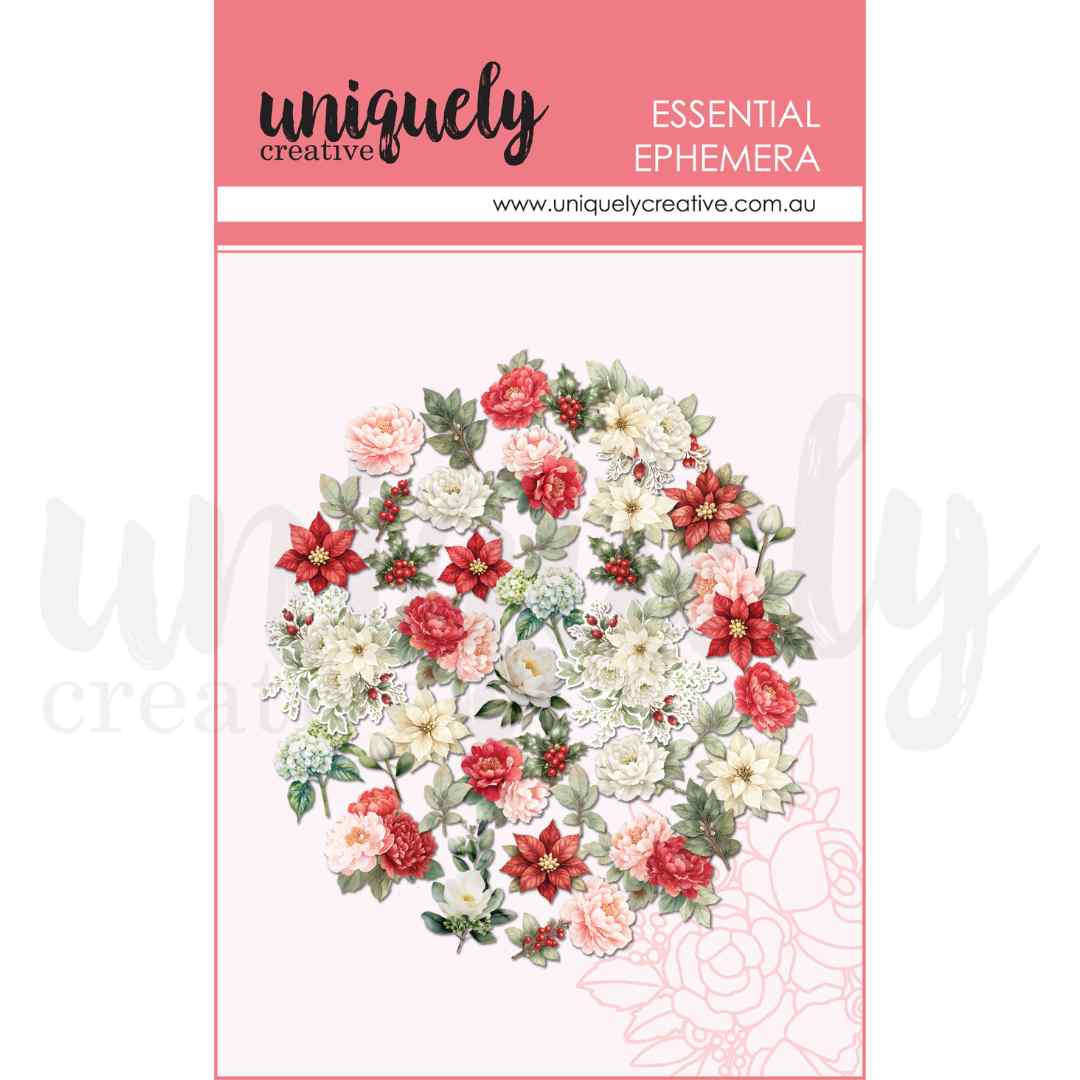 Uniquely Creative Christmas Floral Ephemera packaging with red poinsettias, holly, pink and cream flowers, foliage and berries