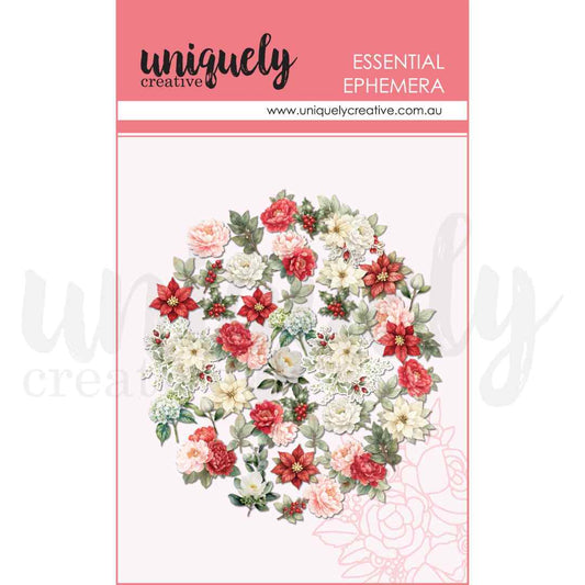 Uniquely Creative Christmas Floral Ephemera packaging with red poinsettias, holly, pink and cream flowers, foliage and berries