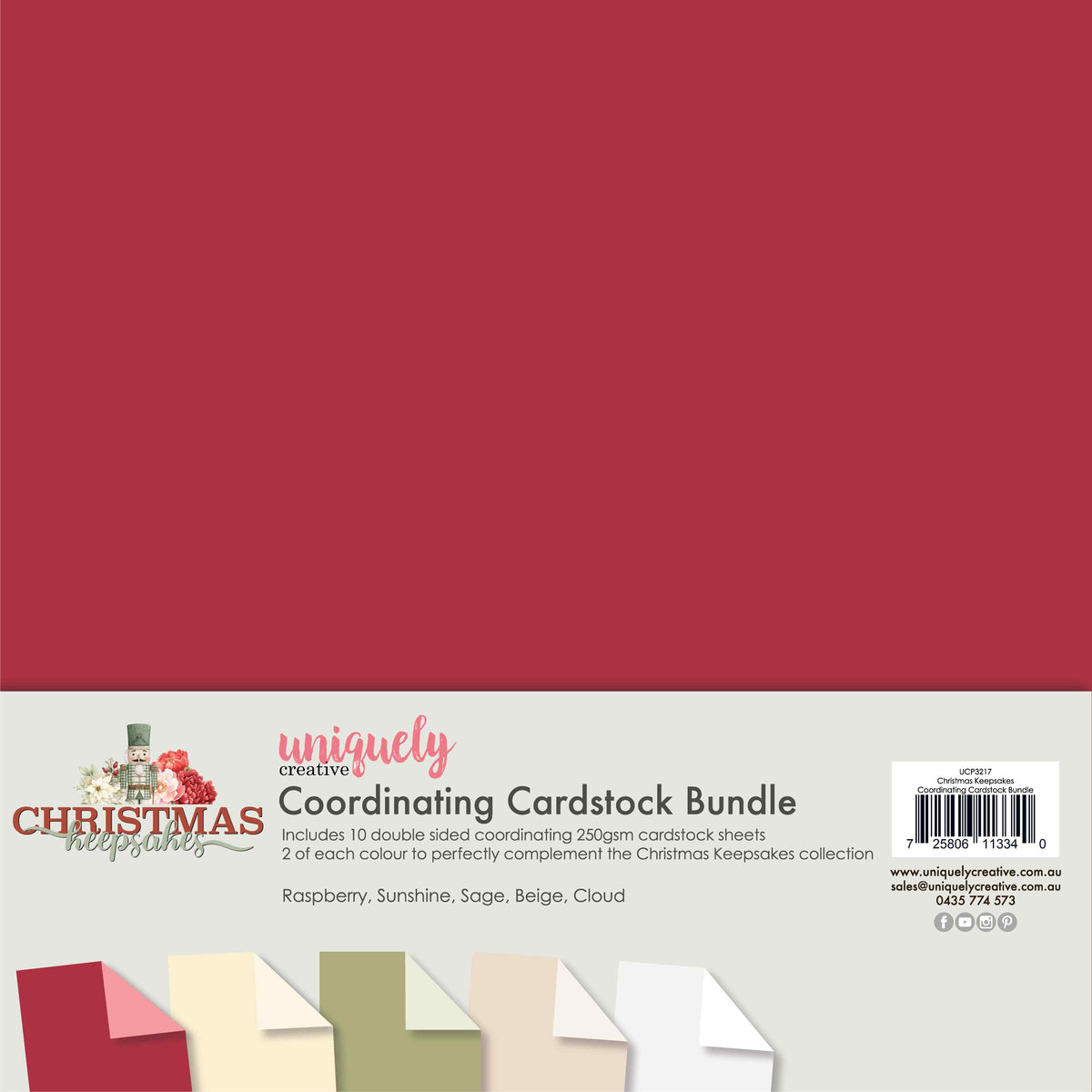 Uniquely Creative Christmas Keepsakes coordinating cardstock bundle with Raspberry, Sunshine, Sage, Beige and Cloud sheets
