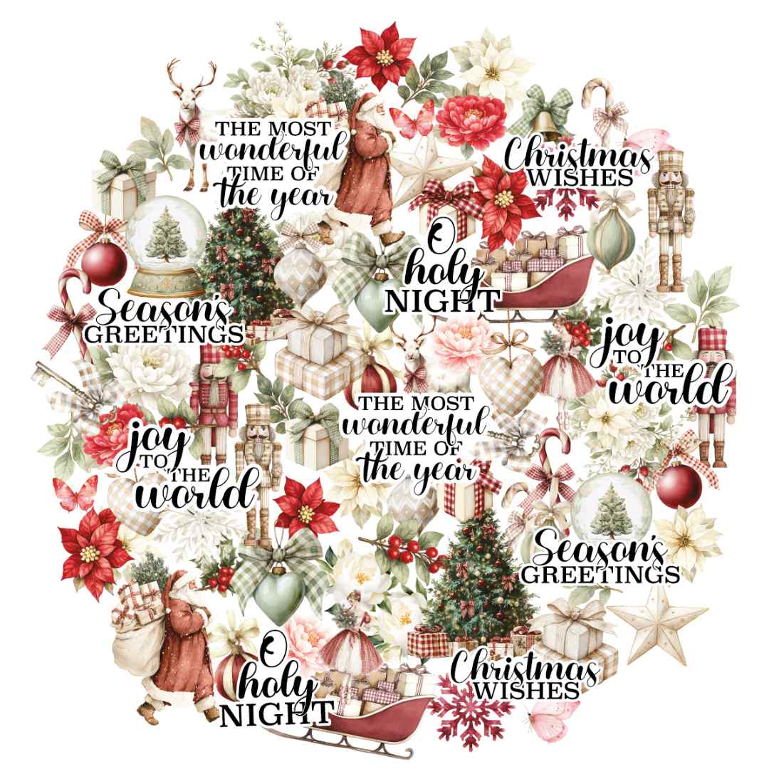 Uniquely Creative Christmas Keepsakes die-cut shapes with poinsettias, flowers, nutcrackers, gifts, trees, sleighs and festive greetings