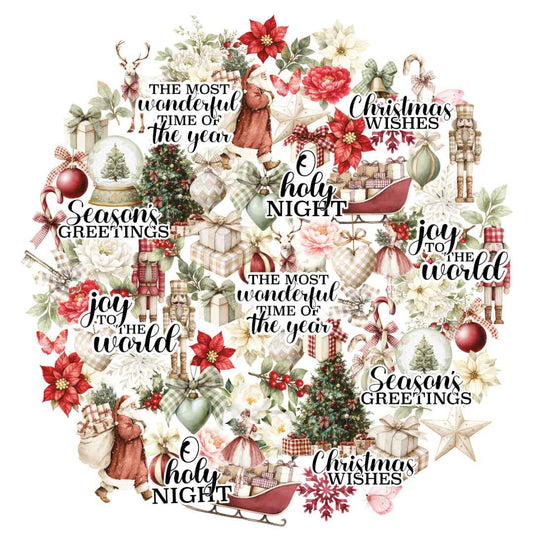 Uniquely Creative Christmas Keepsakes die-cut shapes with poinsettias, flowers, nutcrackers, gifts, trees, sleighs and festive greetings