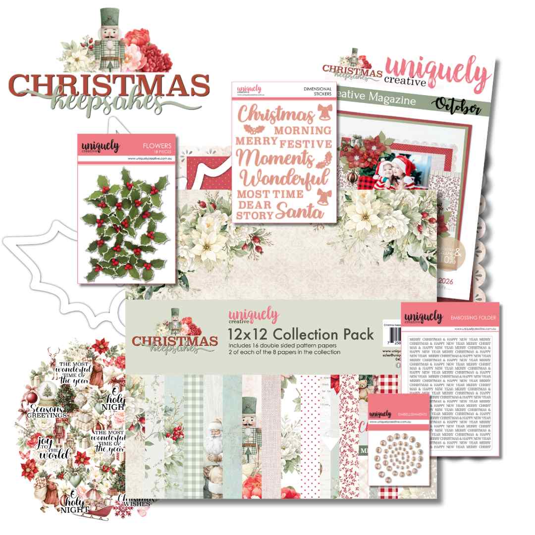 Christmas Keepsakes Creative Kit contents preview showing patterned papers, embellishments, an embossing folder, rhinestones and the Creative Magazine