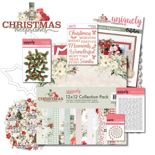 Christmas Keepsakes Creative Kit contents preview showing patterned papers, embellishments, an embossing folder, rhinestones and the Creative Magazine