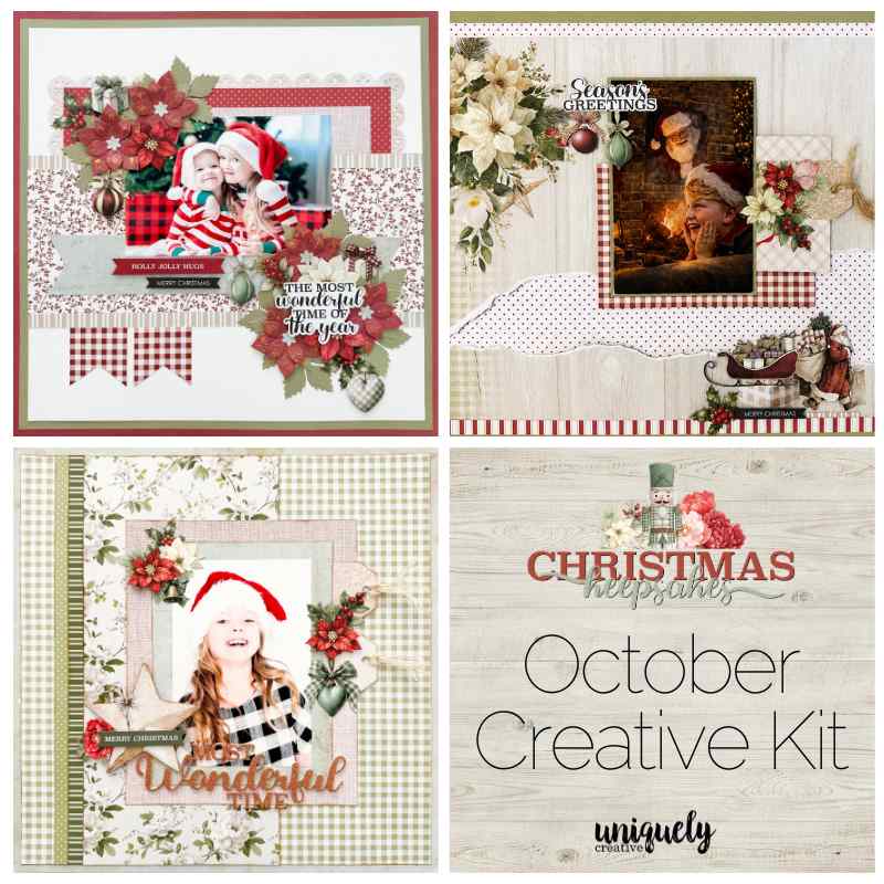 Christmas Keepsakes Creative Kit preview showing three sample scrapbook layouts and the October Creative Kit cover