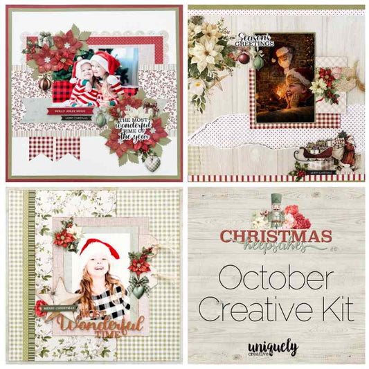 Christmas Keepsakes Creative Kit preview showing three sample scrapbook layouts and the October Creative Kit cover
