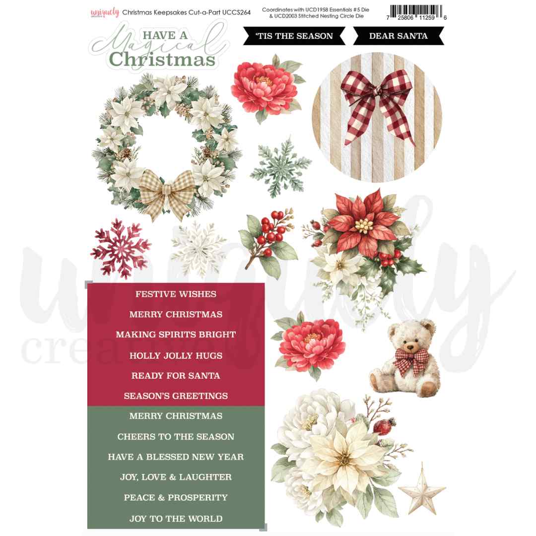 A4 Christmas Keepsakes cut-a-part sheet with “Have a Magical Christmas” at the top, a floral wreath on the left, a plaid bow on a woodgrain circle at right, winter greenery and flowers, and red-and-green greeting panels below.