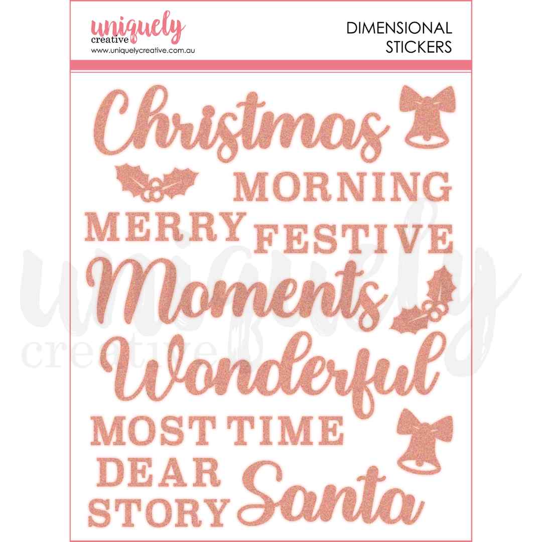 Uniquely Creative rose-gold glitter dimensional Christmas word stickers with holly sprigs and bells