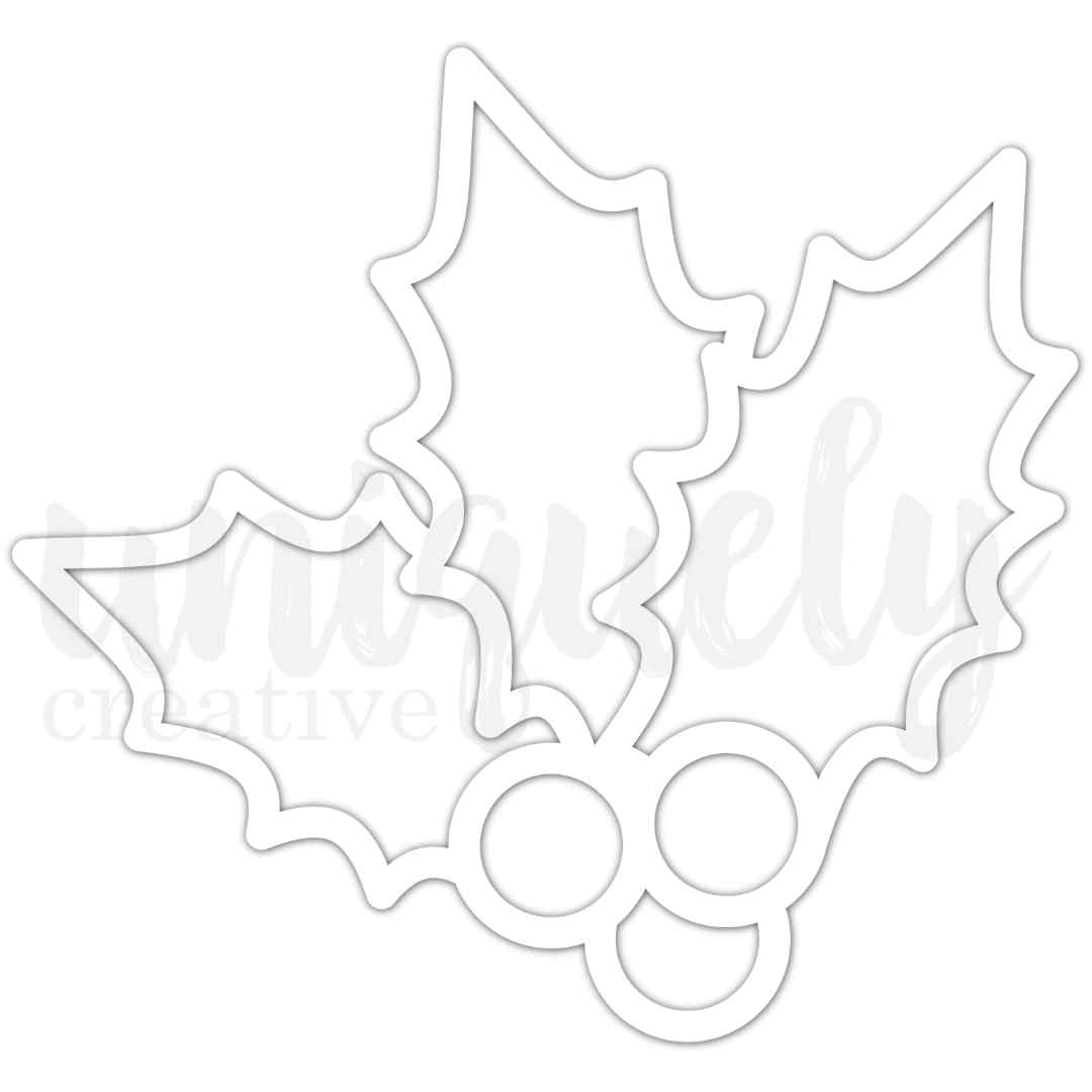 Uniquely Creative white Holly Overlay with three outlined holly leaves and three round berry outlines