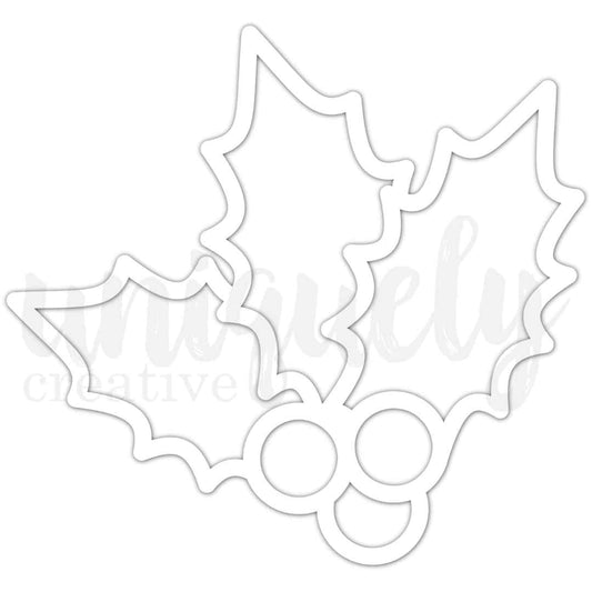 Uniquely Creative white Holly Overlay with three outlined holly leaves and three round berry outlines