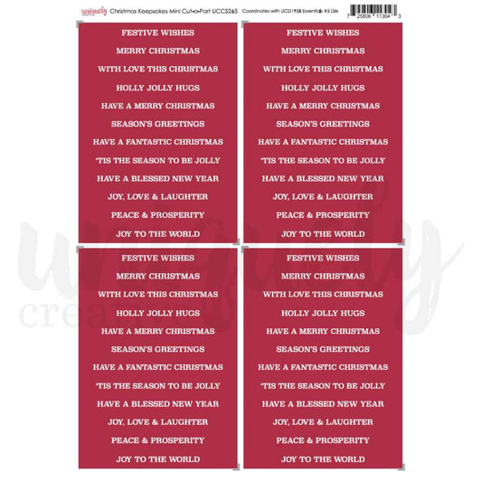 Christmas Keepsakes Mini Cut-a-Part Sheet by Uniquely Creative, with four matching deep red panels in a two-by-two layout, each printed with white festive sentiments for handmade cards including “Merry Christmas,” “Season’s Greetings,” “Joy, Love & Laughter” and “Joy to the World.”