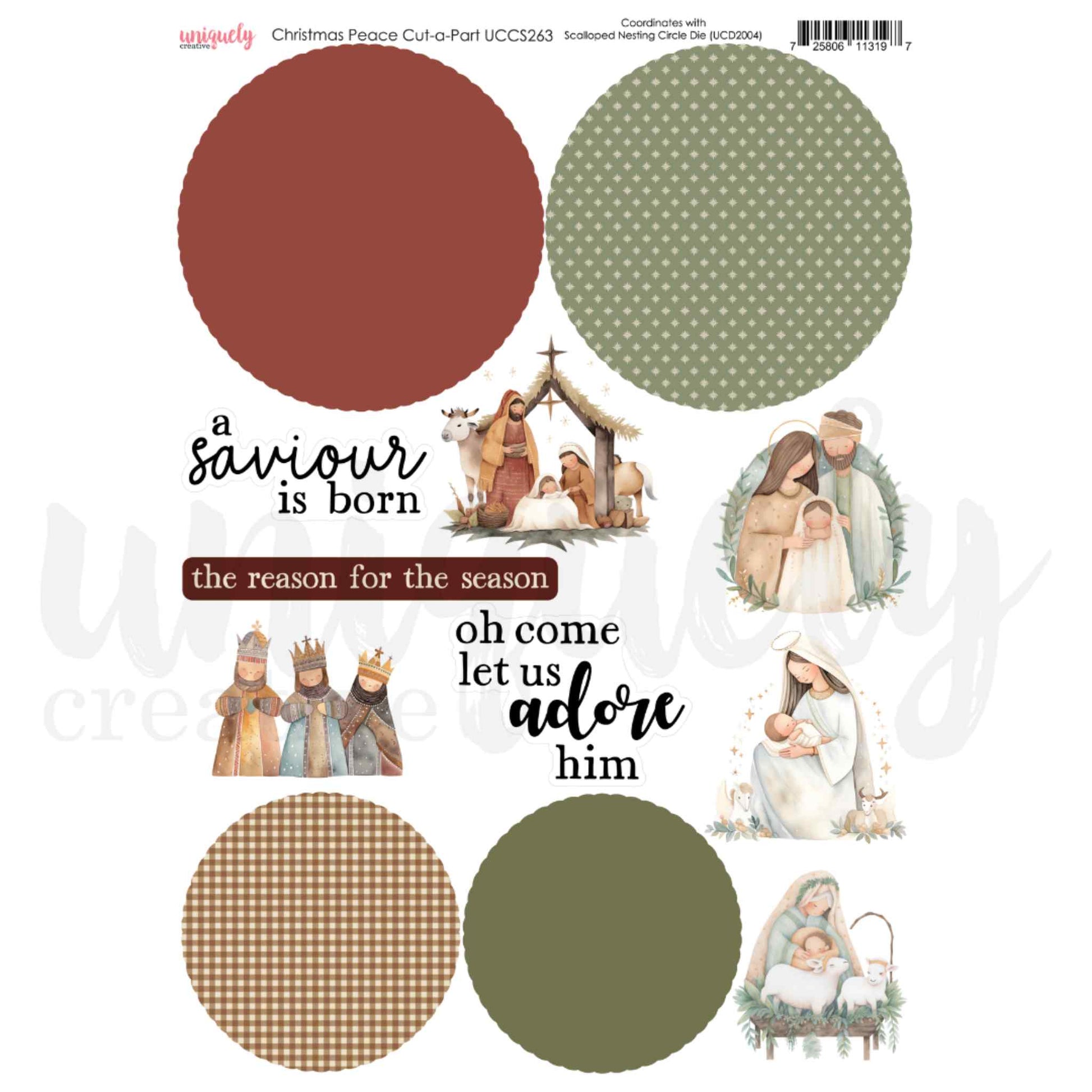 Uniquely Creative Christmas Peace Cut-a-Part Sheet featuring soft watercolour nativity vignettes including the Holy Family, Madonna, Baby Jesus, and Wise Men, with Christmas sentiments and four large scalloped circle panels in terracotta, sage, tan gingham, and olive on 200gsm cardstock