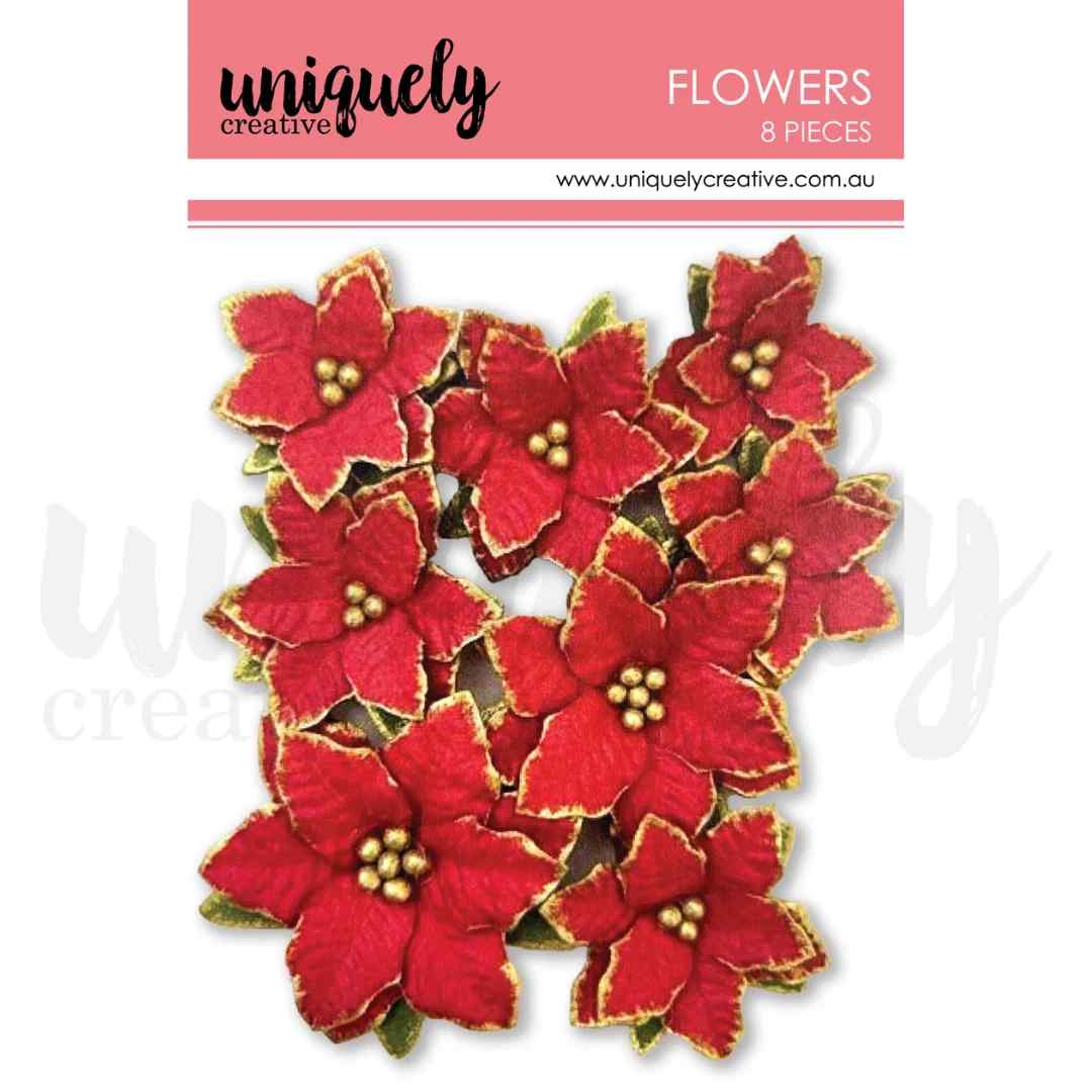 Uniquely Creative Christmas Poinsettia Flowers pack showing eight red and gold layered paper flowers in three sizes