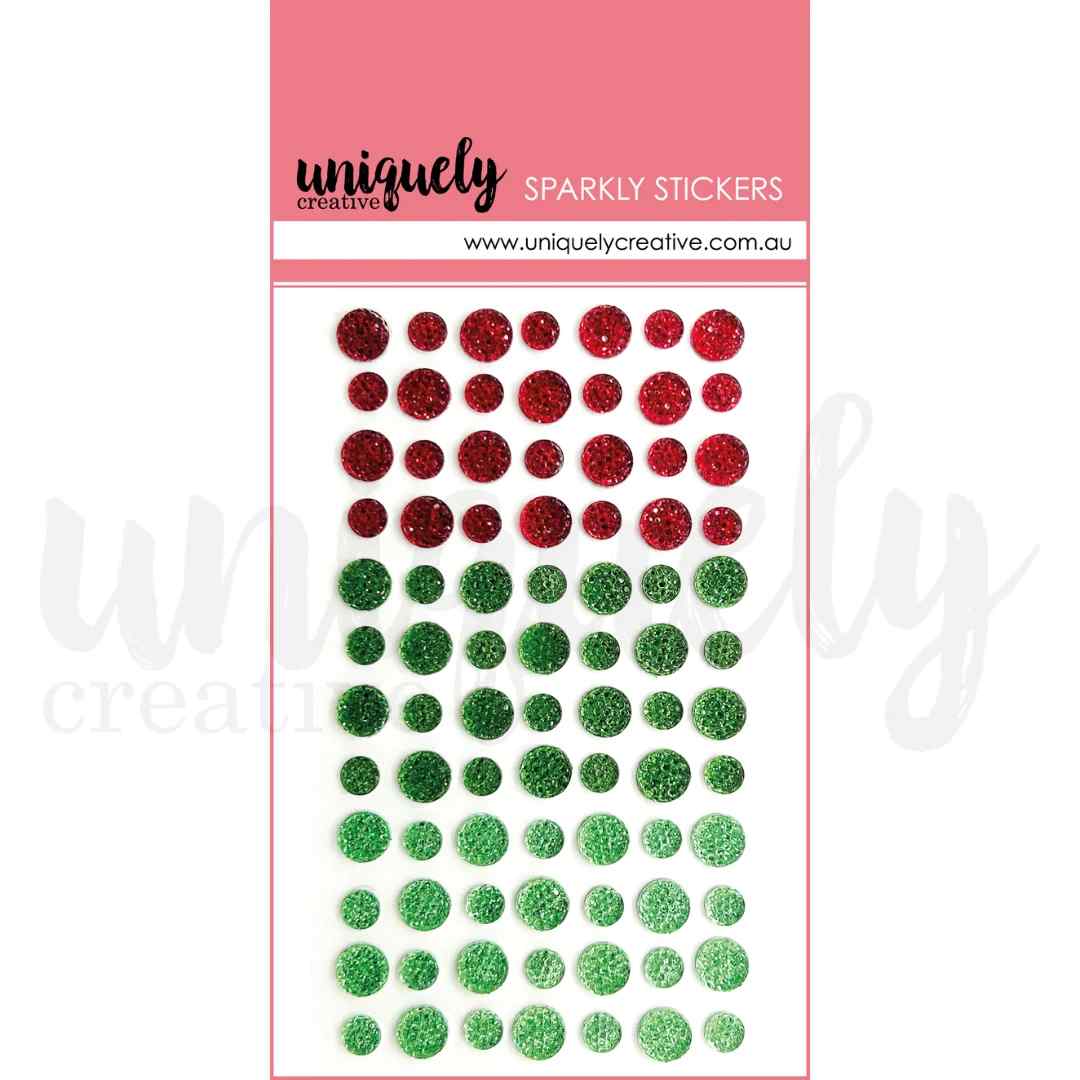 Uniquely Creative Sparkly Stickers Christmas enamel dots in red and green glitter, two sizes on a sheet