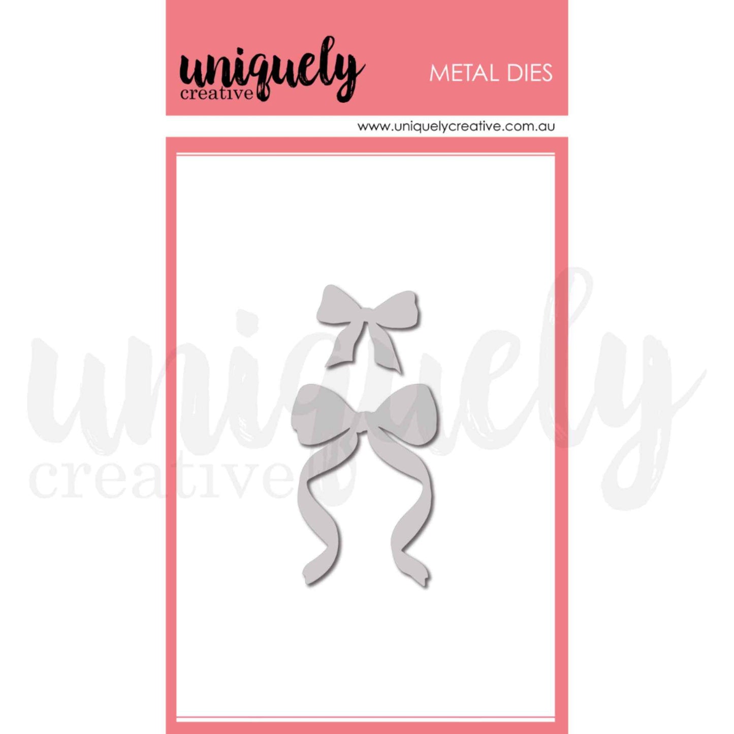 Uniquely Creative Classic Bows Die set showing two metal dies — a small neat bow approximately 1 by 1 inch and a larger bow with long flowing ribbon tails approximately 1 and three quarter by 2 and a quarter inches