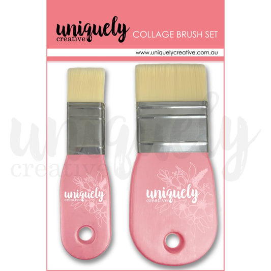 A "Collage Brush Set" from Uniquely Creative, containing two flat brushes with pink floral handles and light bristles, intended for mixed media art.