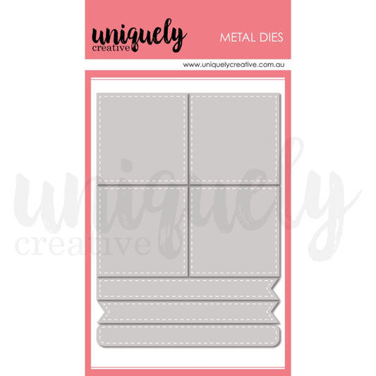 Uniquely Creative Cut-A-Part Essentials #10 Die showing metal die with 4 stitched squares in 2x2 grid and 3 stitched banner strips on 5.5 x 4 inch base panel