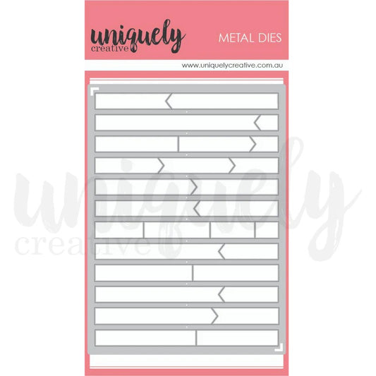 Uniquely Creative Cut-A-Part Essentials #4 Die showing metal die sheet with 12 sentiment strip designs including straight strips, notched ends, arrow points and divided sections