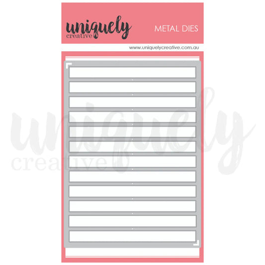 Uniquely Creative Cut-A-Part Essentials #5 Die showing metal die sheet with 12 straight sentiment strips with alignment marks in corners