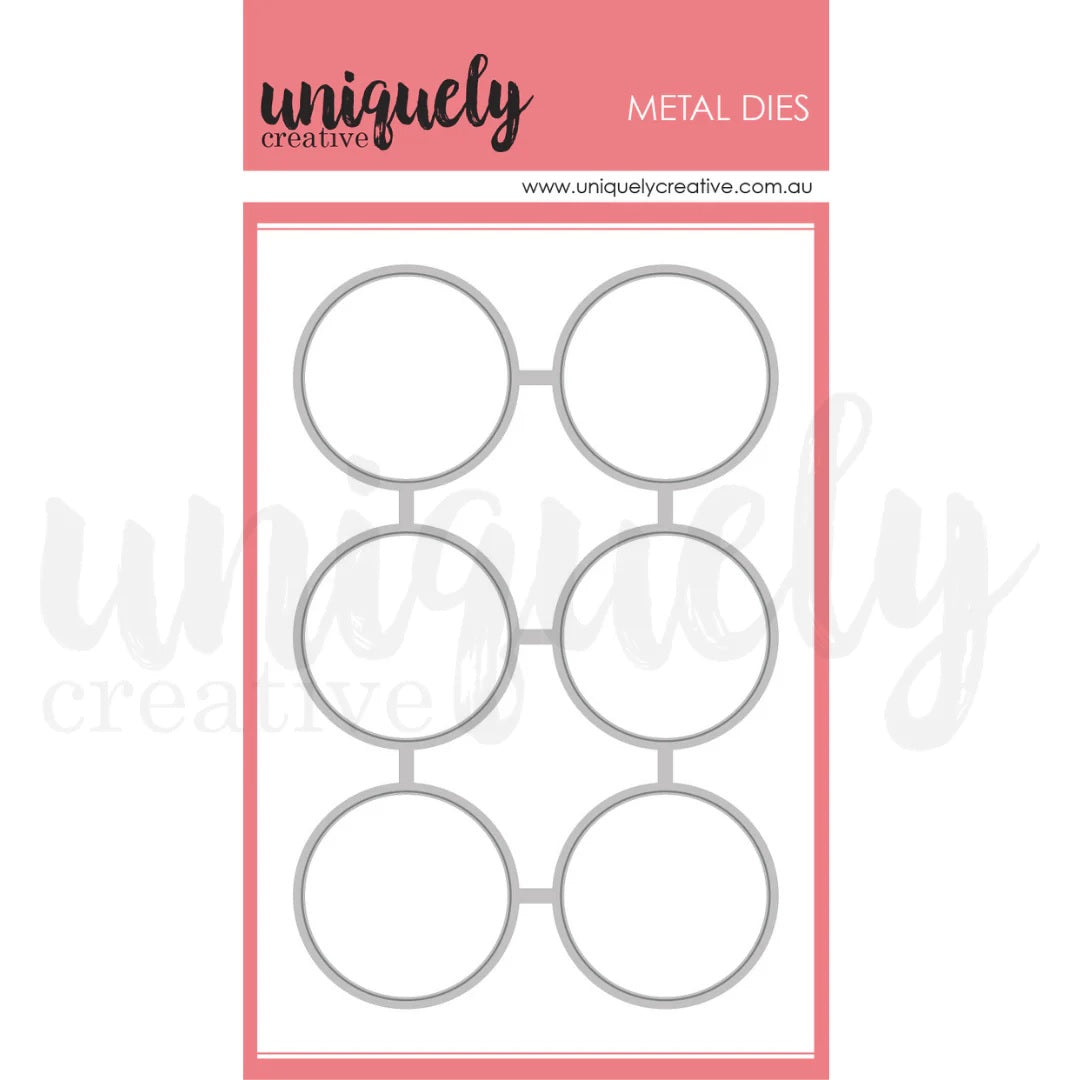 Uniquely Creative Cut-A-Part Essentials #6 Die showing metal die with 6 outlined circles arranged in 2x3 grid pattern connected by tabs