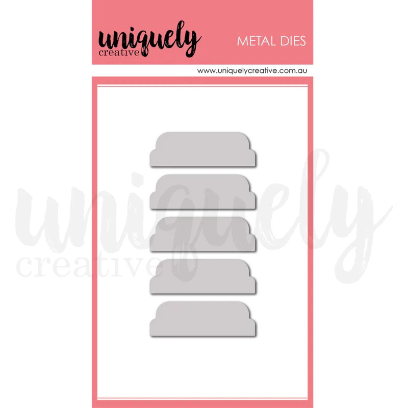 Uniquely Creative Cut-A-Part Essentials #7 Die showing metal die with 5 scalloped tab shapes with decorative scalloped edges