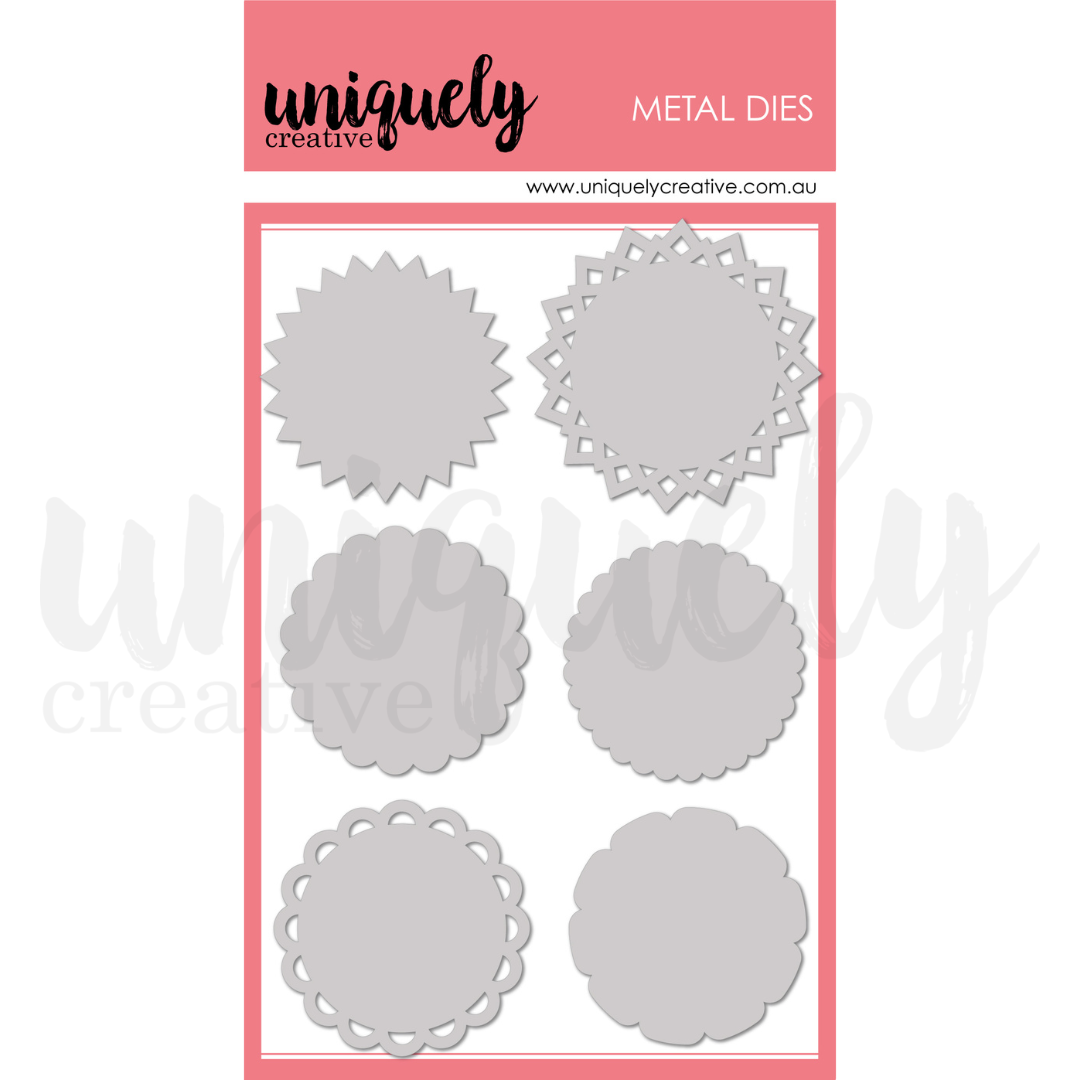 Uniquely Creative Cut-A-Part Essentials #9 Die showing 6 metal dies with decorative circular edges including starburst, geometric triangle border, scalloped edges, lace edge and cloud scallop, all 1.75 inch diameter