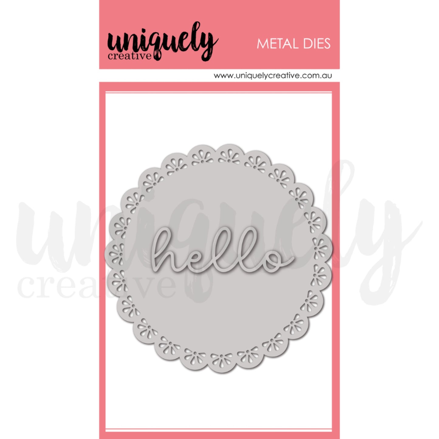 Uniquely Creative Delicate Doily Die set showing 4 inch circular lace doily with intricate floral cut-out border and script hello sentiment die on pink packaging