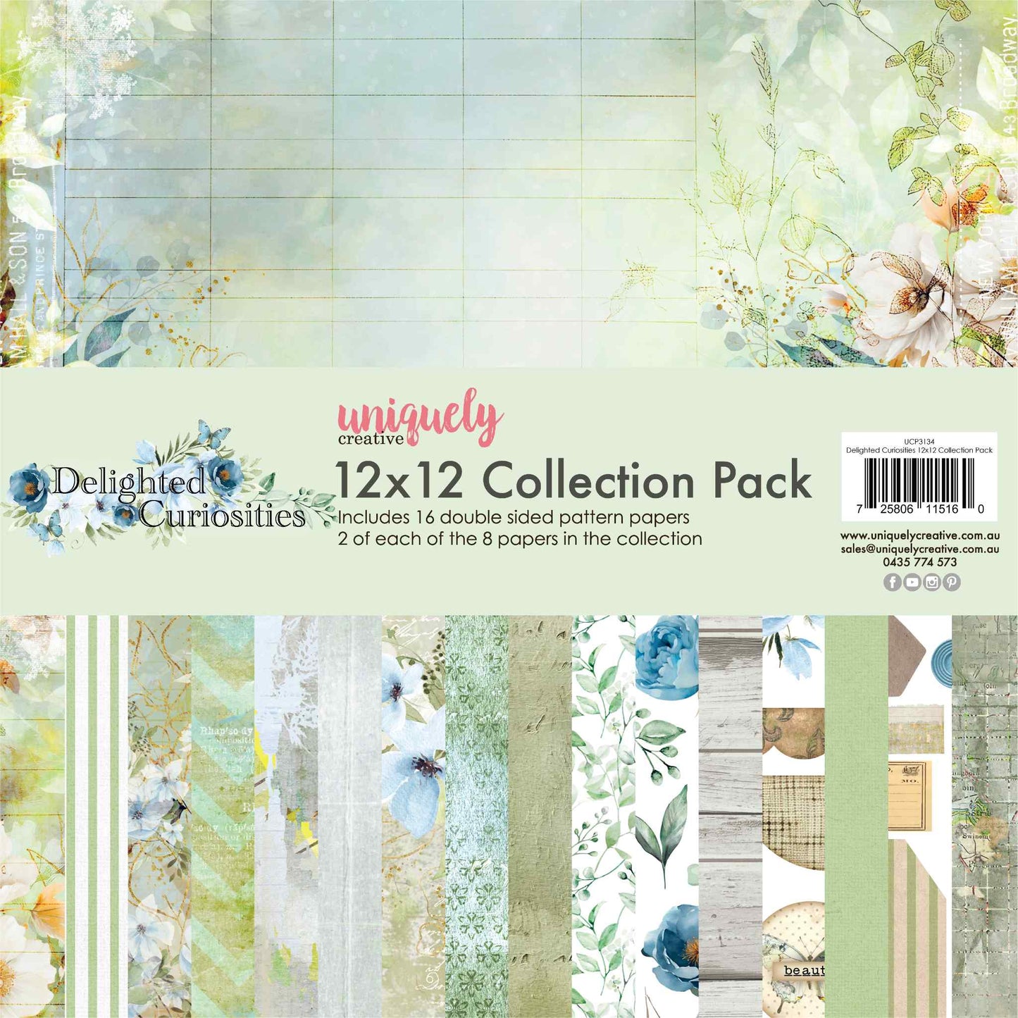 Uniquely Creative Delighted Curiosities 12x12 Collection Pack showing all 8 double-sided papers fanned out, including floral, botanical, vintage, and cut-apart designs on 210gsm cardstock