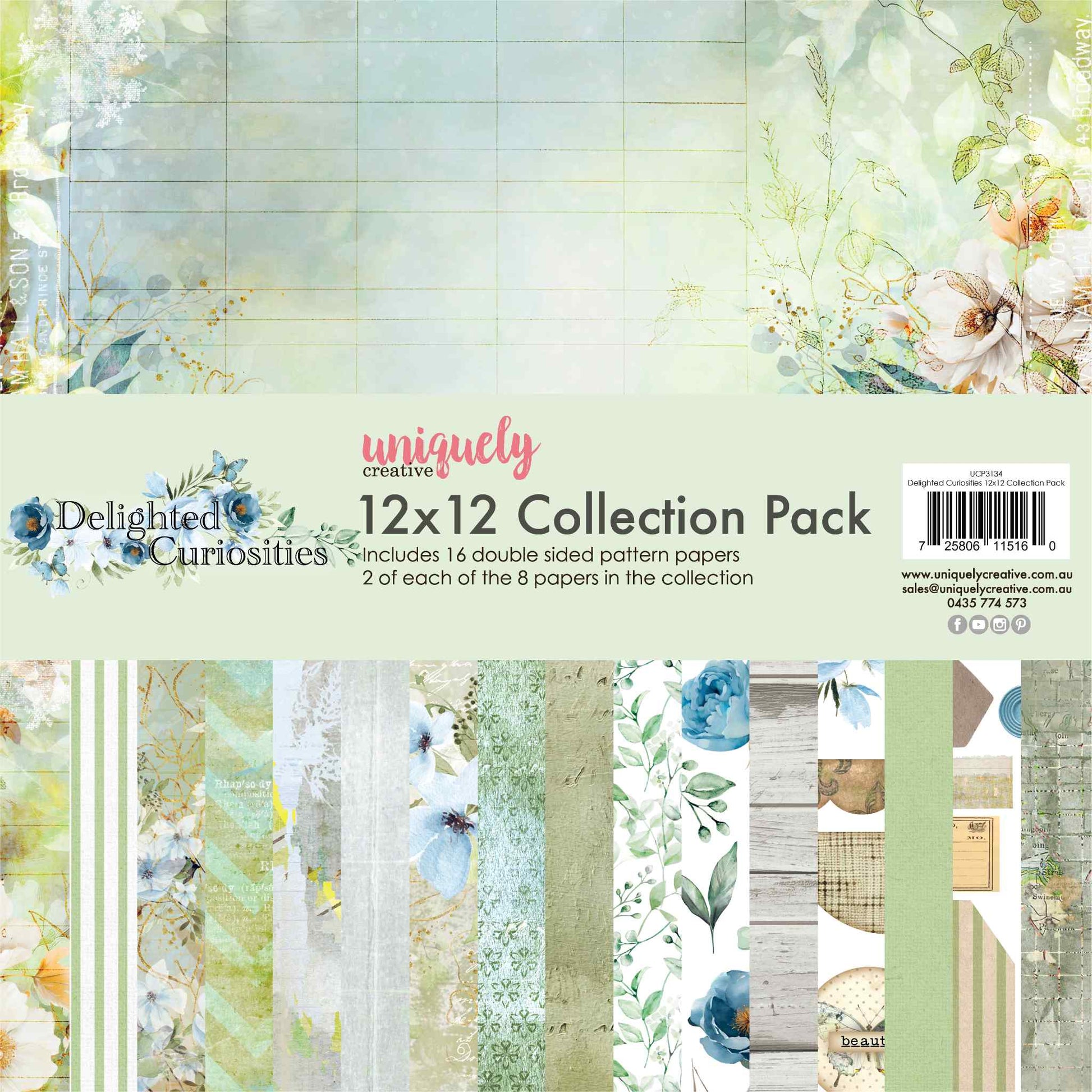 Uniquely Creative Delighted Curiosities 12x12 Collection Pack showing all 8 double-sided papers fanned out, including floral, botanical, vintage, and cut-apart designs on 210gsm cardstock