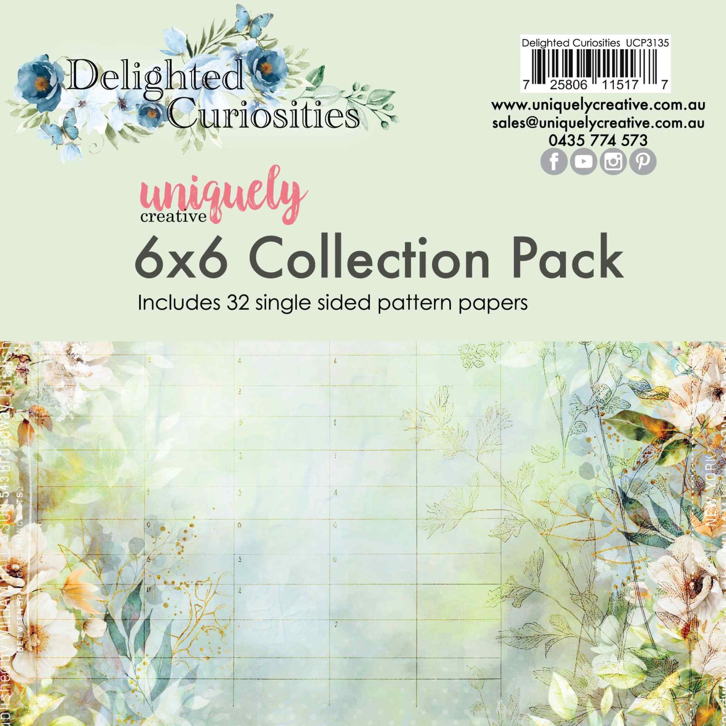 Uniquely Creative Delighted Curiosities 6x6 Collection Pack showing pack front with collection branding and a sample paper featuring soft floral and botanical details on a pale green background