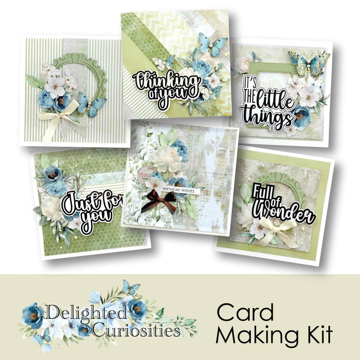 Six handmade card samples with blue and white flowers, butterflies and soft green layers from the Uniquely Creative Delighted Curiosities Card Making Kit