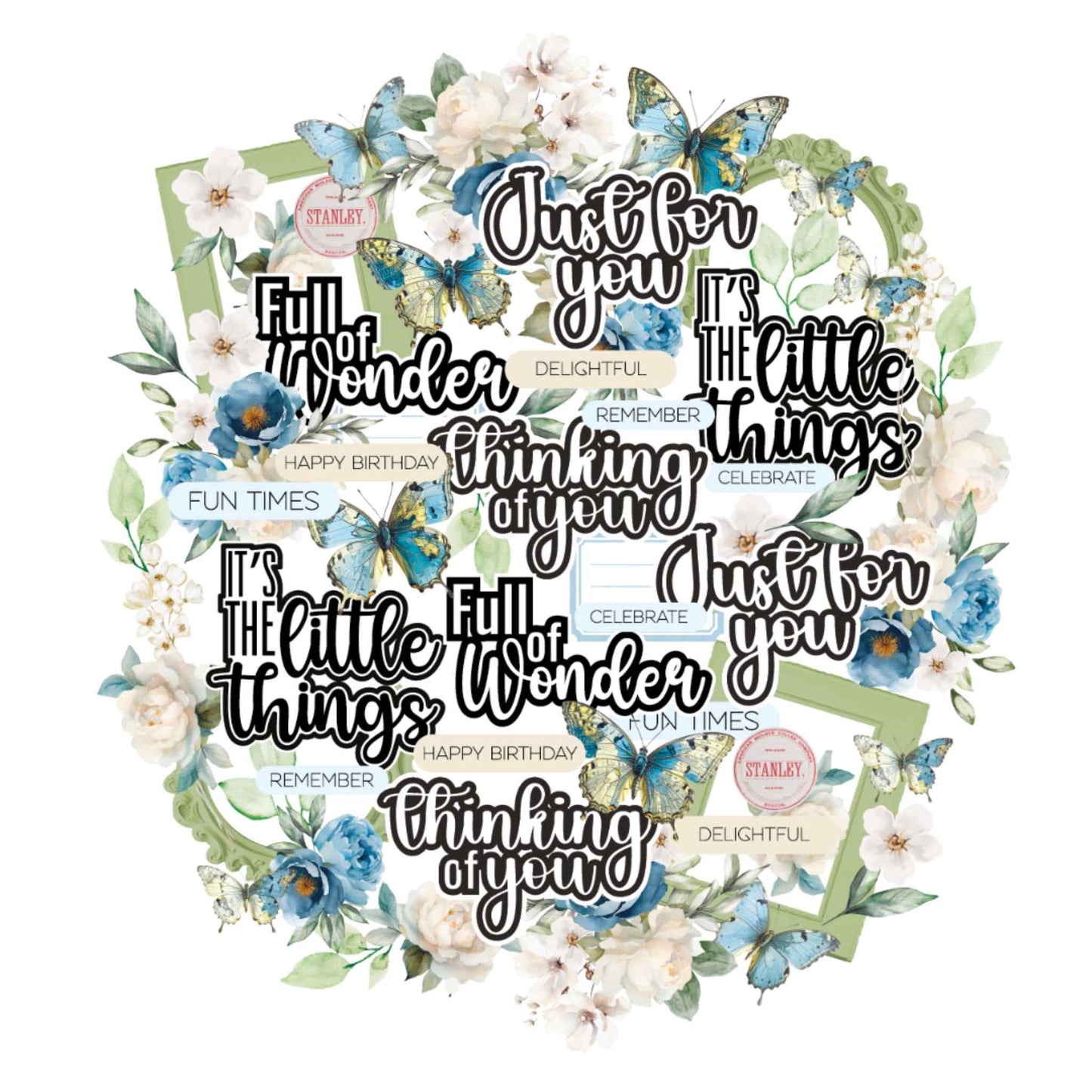 Uniquely Creative Delighted Curiosities Creative Cuts pre-cut die-cut embellishments, featuring bold script word titles, word label strips, watercolour blue peonies, white blossoms, blue butterflies, sage corner frames, and botanical sprigs on 300gsm cardstock
