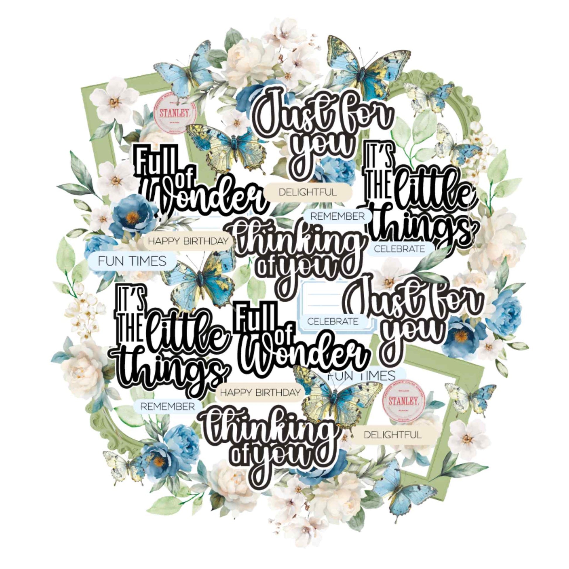 Uniquely Creative Delighted Curiosities Creative Cuts pre-cut die-cut embellishments, featuring bold script word titles, word label strips, watercolour blue peonies, white blossoms, blue butterflies, sage corner frames, and botanical sprigs on 300gsm cardstock