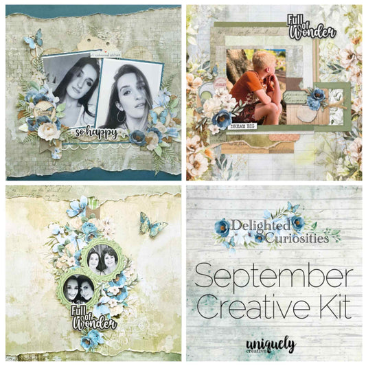 Delighted Curiosities September Creative Kit inspiration showing three finished scrapbook layouts with blue florals, butterflies, and botanical elements alongside the collection branding tile