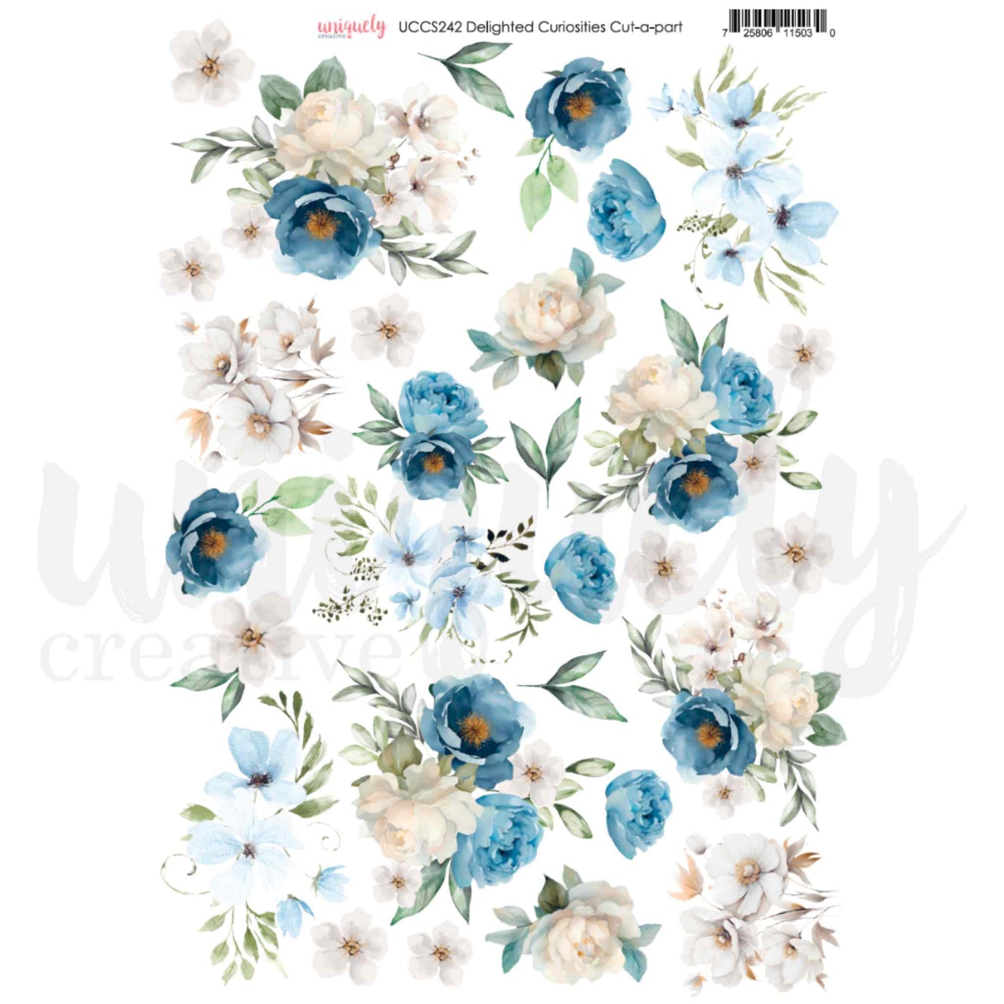 Uniquely Creative Delighted Curiosities Cut-a-Part Sheet featuring watercolour floral clusters of blue peonies, cream roses, white blossoms, and green foliage sprigs on white, printed on 200gsm cardstock
