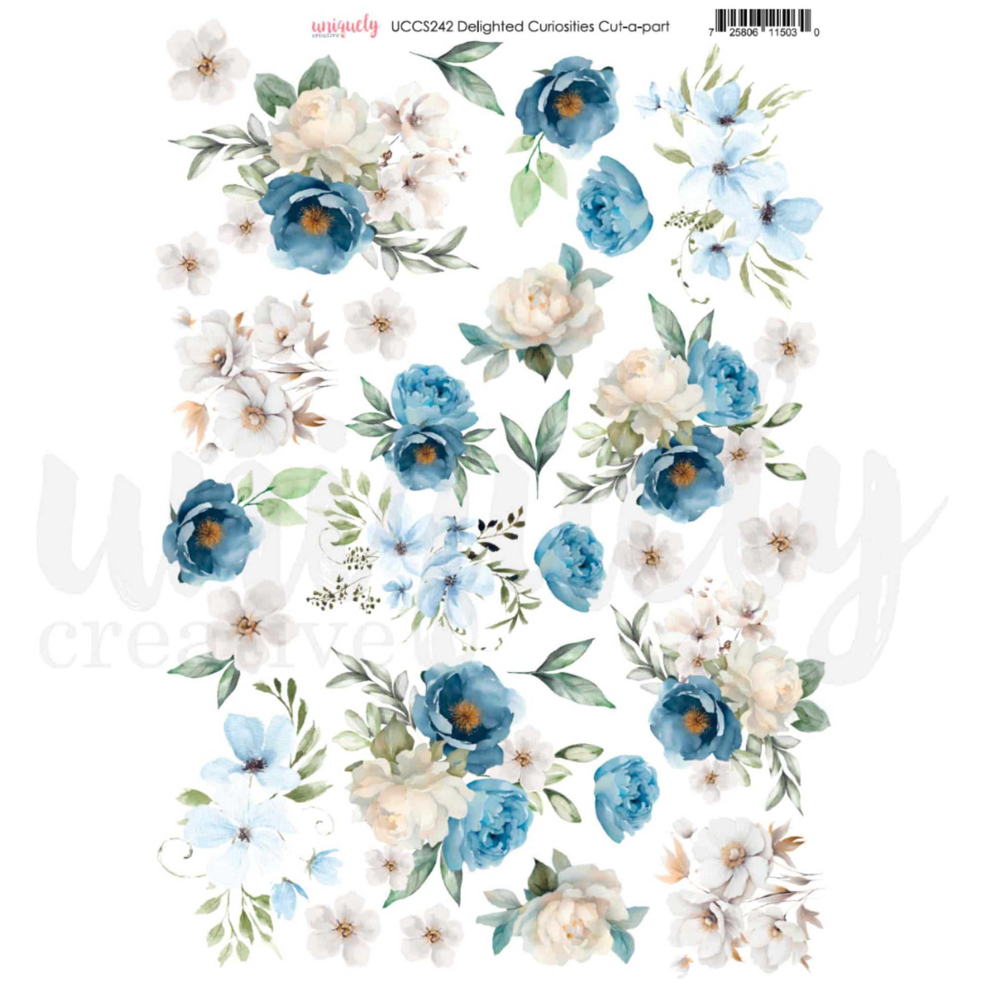 Uniquely Creative Delighted Curiosities Cut-a-Part Sheet featuring watercolour floral clusters of blue peonies, cream roses, white blossoms, and green foliage sprigs on white, printed on 200gsm cardstock