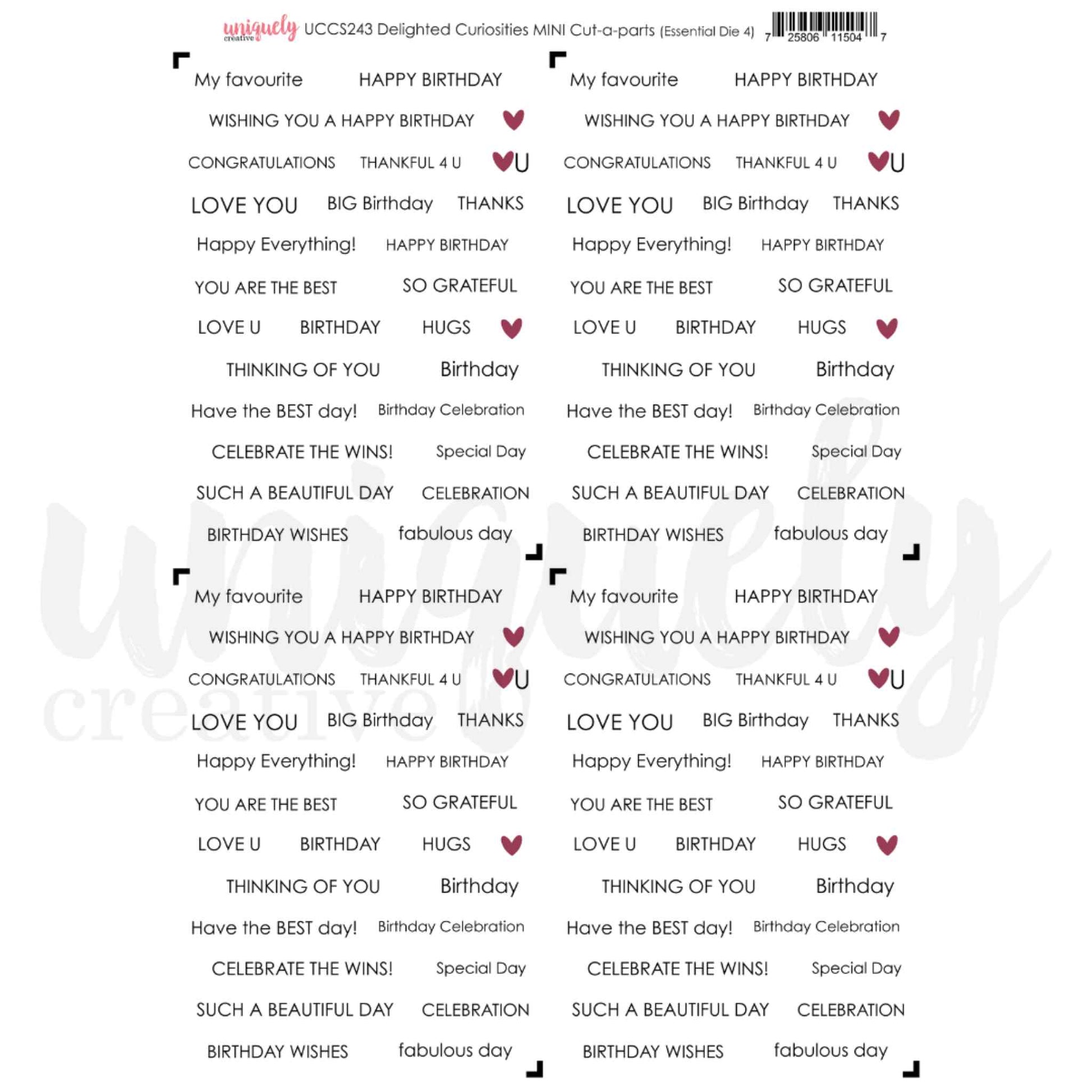 Uniquely Creative Delighted Curiosities Mini Cut-a-Part Sheet featuring celebration and occasion sentiments in mixed typestyles with mauve heart details, repeated four times on 200gsm cardstock