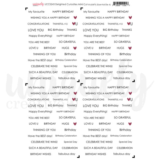 Uniquely Creative Delighted Curiosities Mini Cut-a-Part Sheet featuring celebration and occasion sentiments in mixed typestyles with mauve heart details, repeated four times on 200gsm cardstock