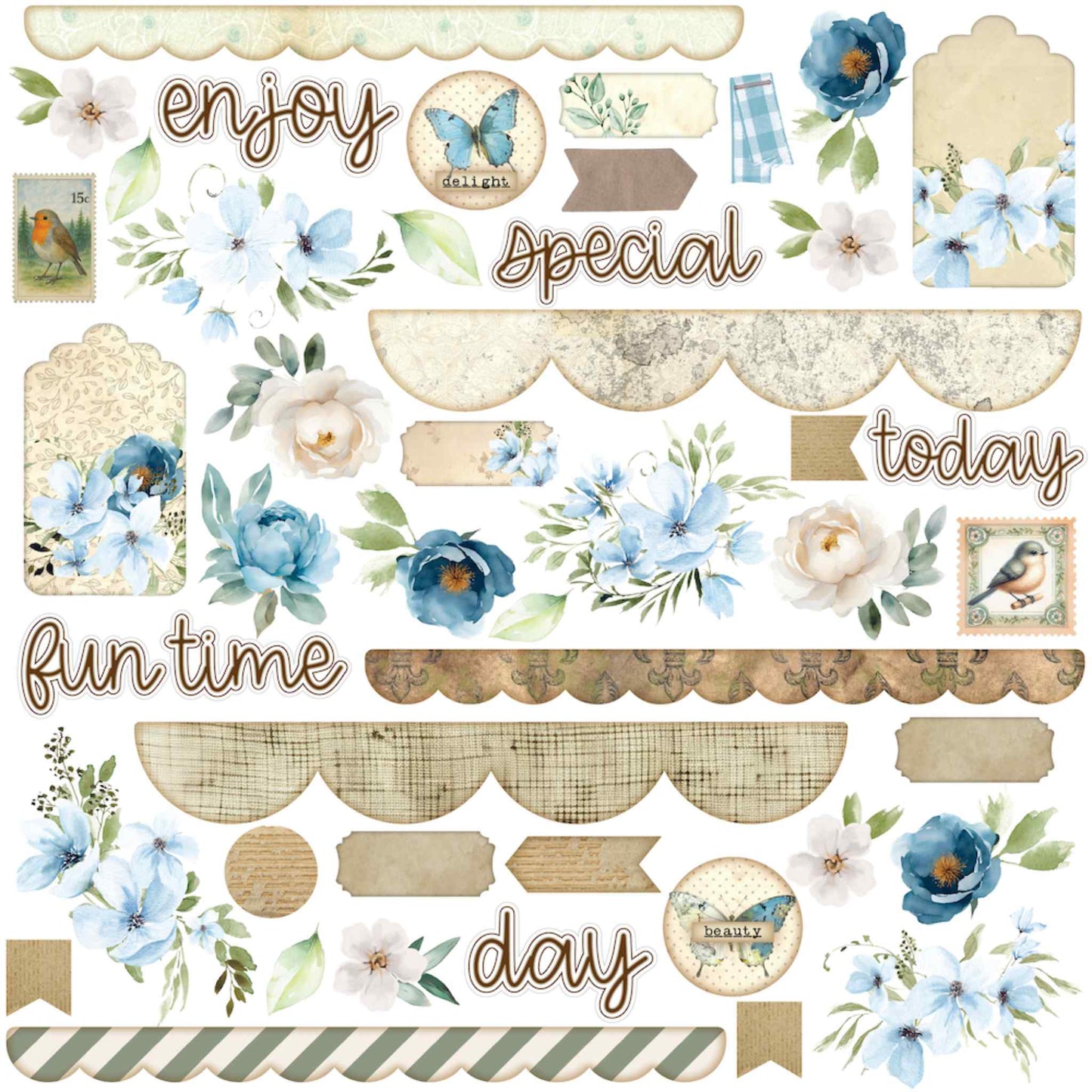 Uniquely Creative Delighted Curiosities Curiosity Cabinet 12x12 cut-apart sheet front, featuring blue and cream floral clusters, vintage bird stamps, scallop border strips, tags, labels, medallions, banner arrows, and word sentiments