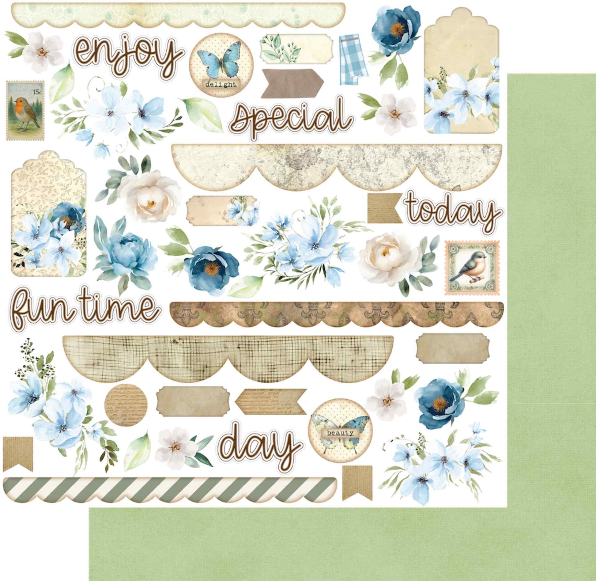 Uniquely Creative Delighted Curiosities Curiosity Cabinet 12x12 cut-apart paper shown front and reverse, featuring floral clusters, scallop strips, tags and sentiments on white, and solid sage green reverse