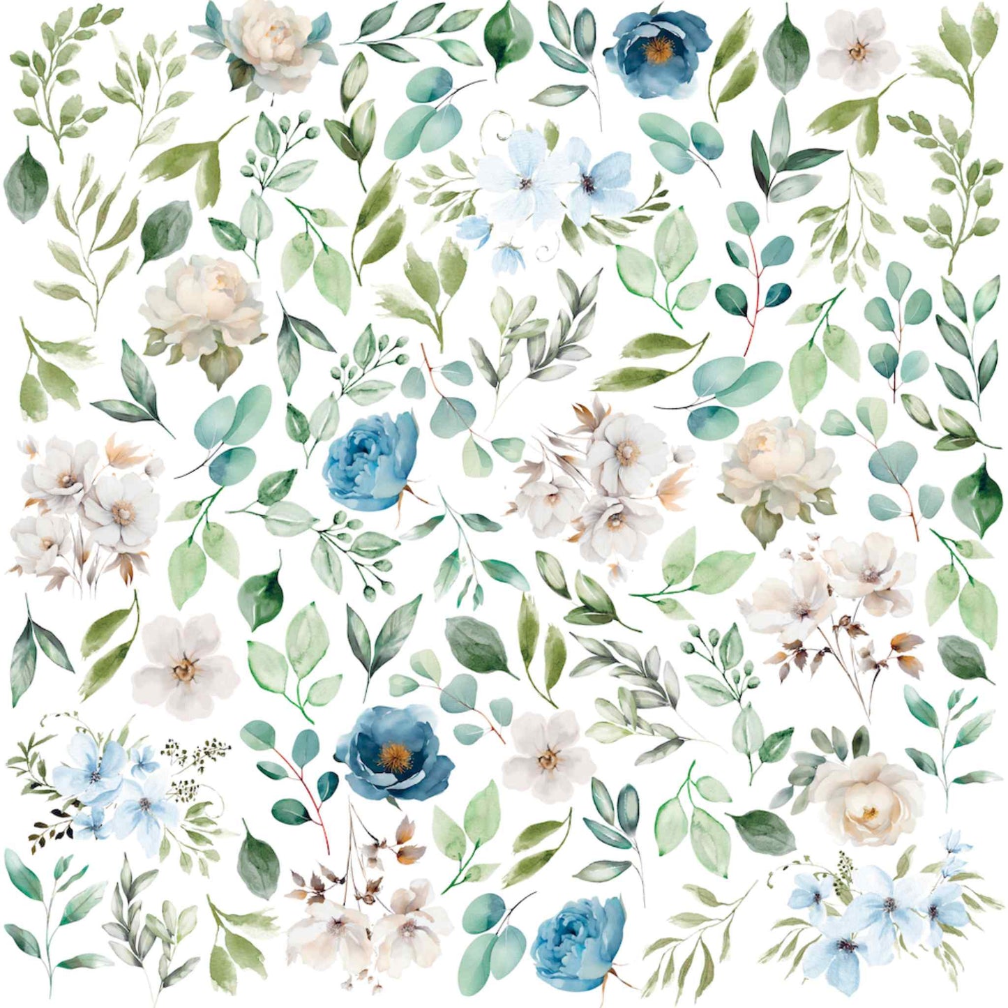 Uniquely Creative Delighted Curiosities Ephemeral Blooms 12x12 paper front side, featuring an all-over watercolour scatter of white roses, blue peonies, and blossoms with green eucalyptus foliage on a white ground