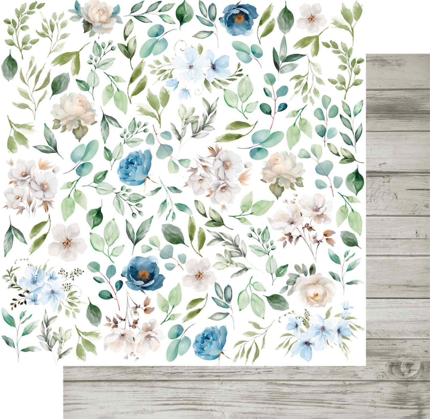 Uniquely Creative Delighted Curiosities Ephemeral Blooms 12x12 paper shown front and reverse, featuring a watercolour floral scatter on white and a distressed whitewashed timber reverse