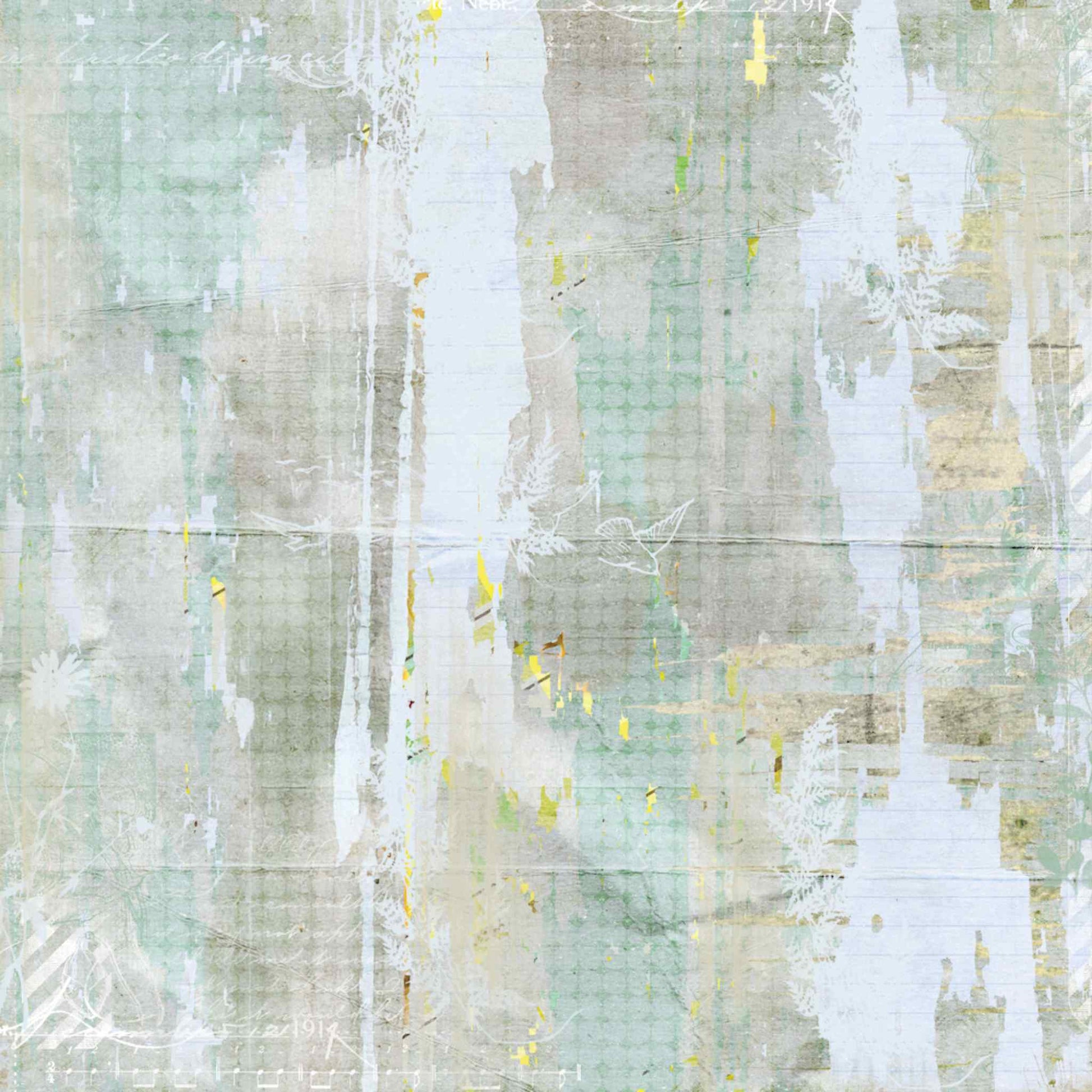 Uniquely Creative Delighted Curiosities Foliage Whispers 12x12 paper front side, featuring layered abstract brushstroke washes in sage, grey, and white over a fine grid with faint script and yellow-green accents