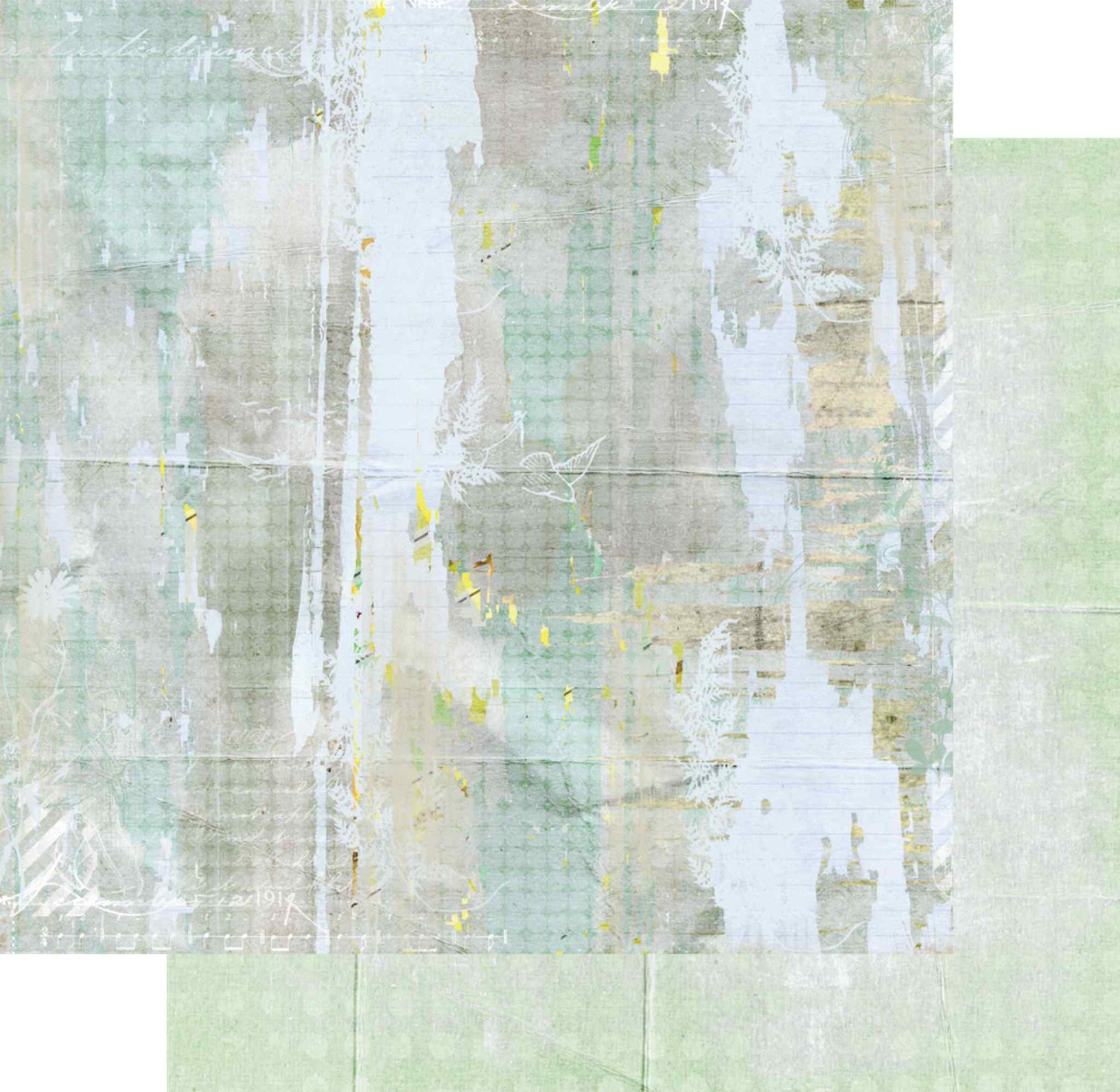 Uniquely Creative Delighted Curiosities Foliage Whispers 12x12 paper shown front and reverse, featuring abstract sage and white brushstroke washes and soft mint grid reverse