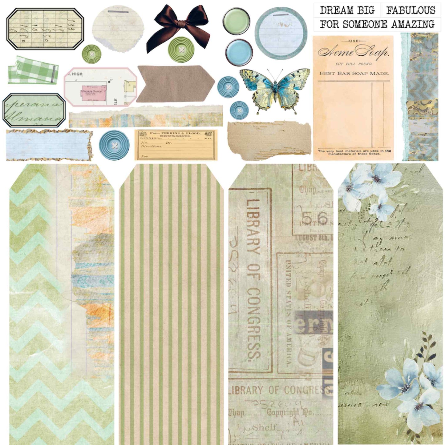 Uniquely Creative Delighted Curiosities Forgotten Treasures 12x12 cut-apart sheet front, featuring slim nesting tags in five textures, vintage soap advertisement, butterfly, bow, ribbon coils, ledger labels, banner arrows, paper strips, and word sentiments