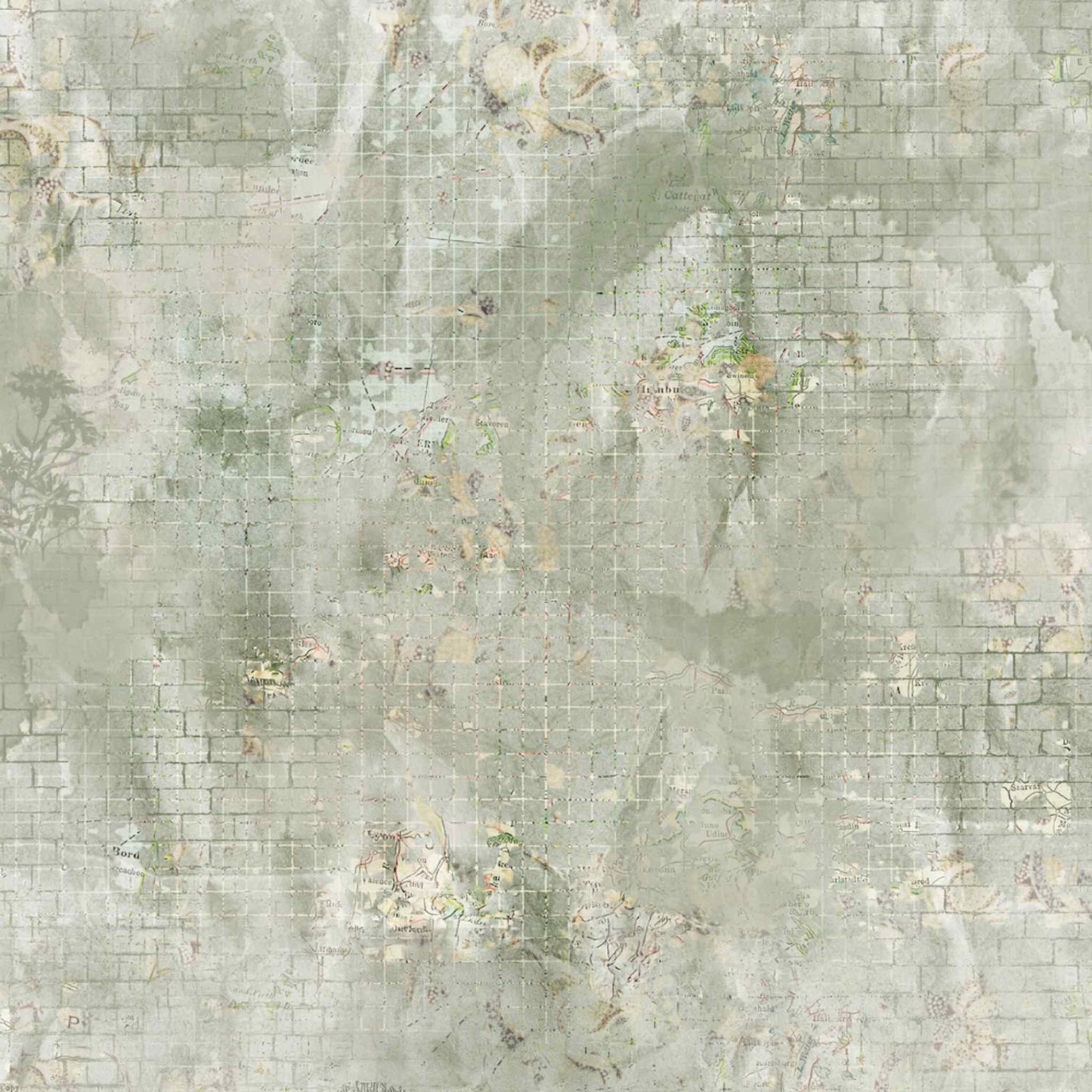Uniquely Creative Delighted Curiosities Forgotten Treasures 12x12 paper reverse side, featuring a distressed sage brick texture with a fine white grid overlay and ghosted botanical floral details
