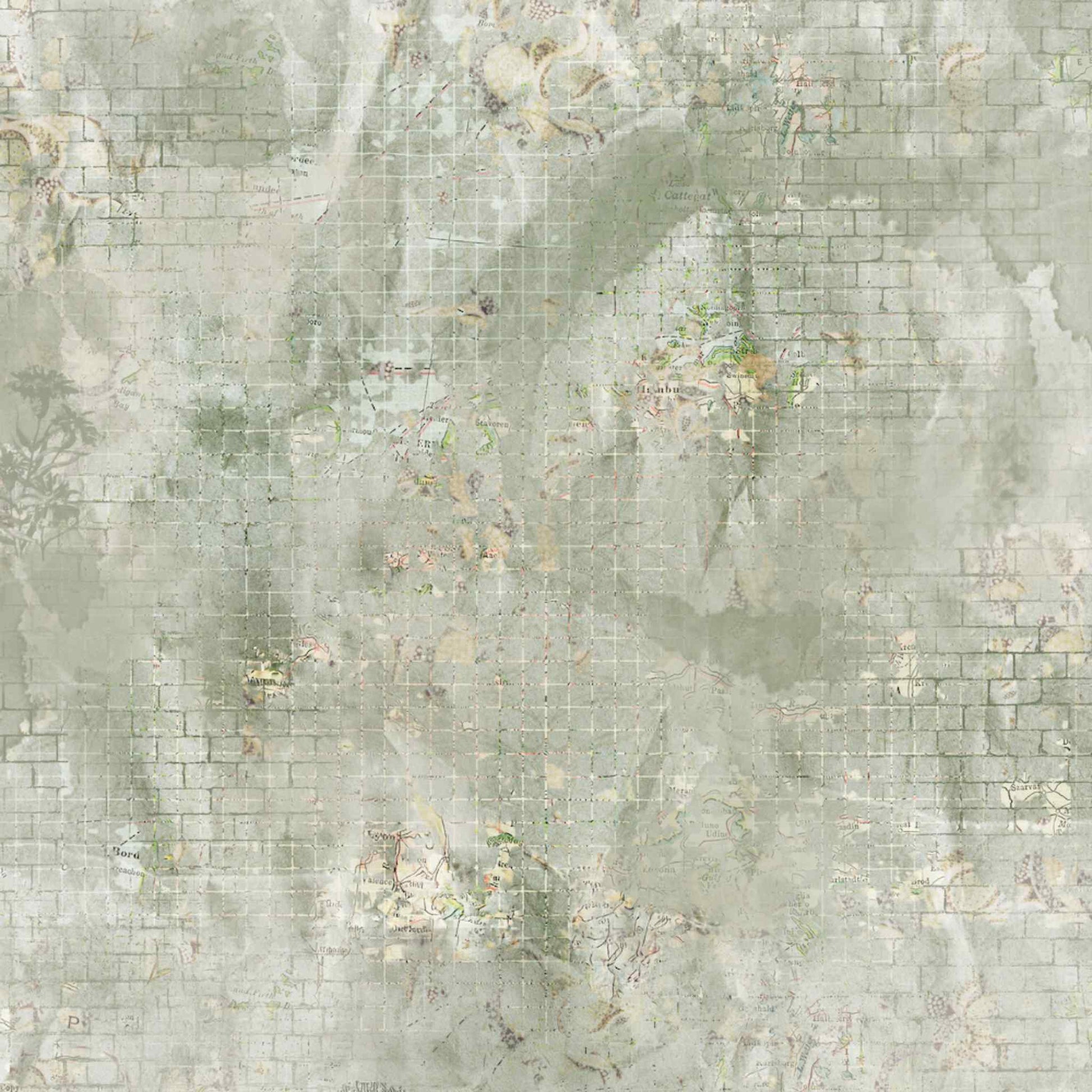 Uniquely Creative Delighted Curiosities Forgotten Treasures 12x12 paper reverse side, featuring a distressed sage brick texture with a fine white grid overlay and ghosted botanical floral details