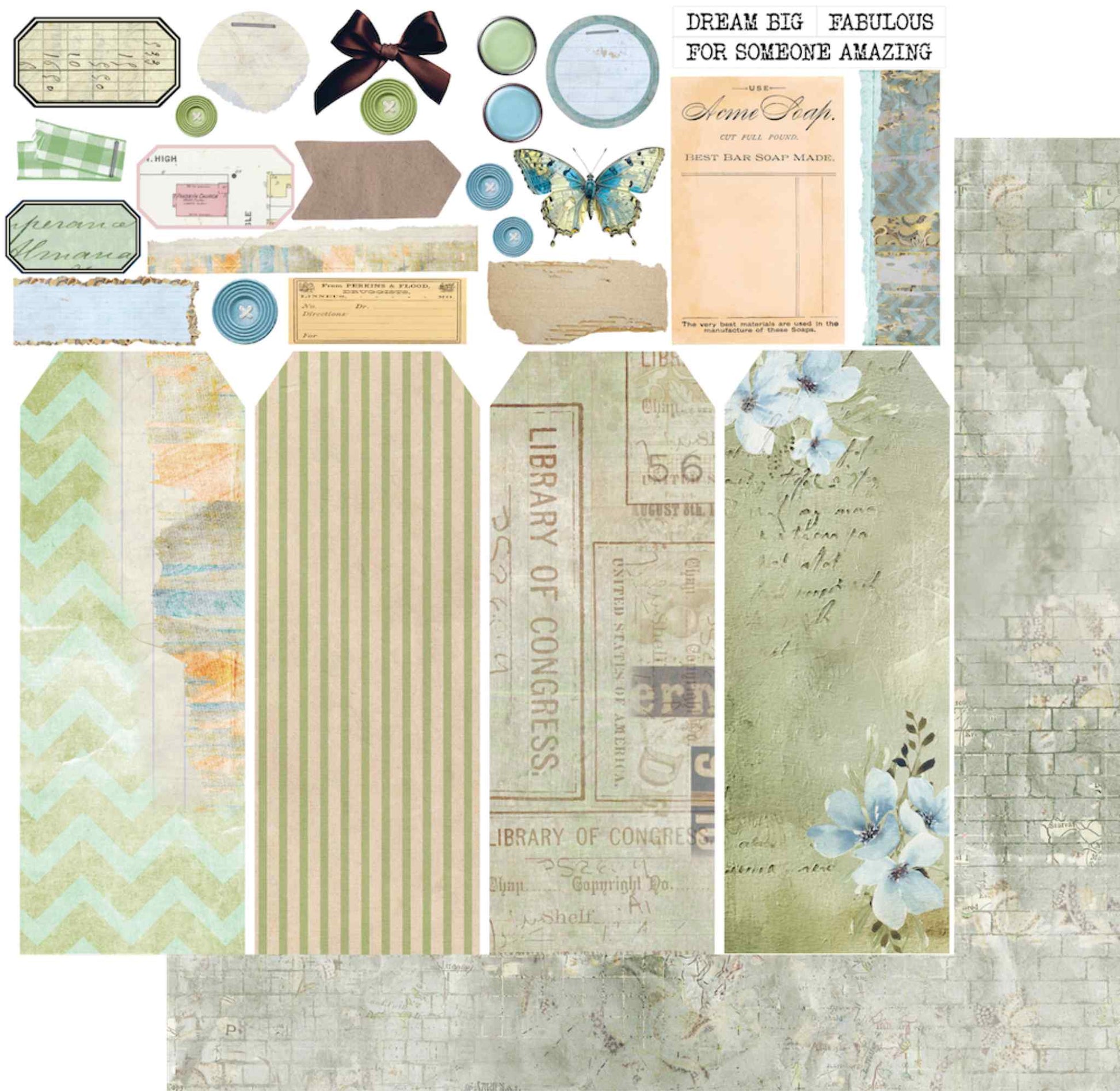 Uniquely Creative Delighted Curiosities Forgotten Treasures 12x12 cut-apart paper shown front and reverse, featuring vintage tags, ephemera and sentiments on white, and distressed sage brick botanical reverse