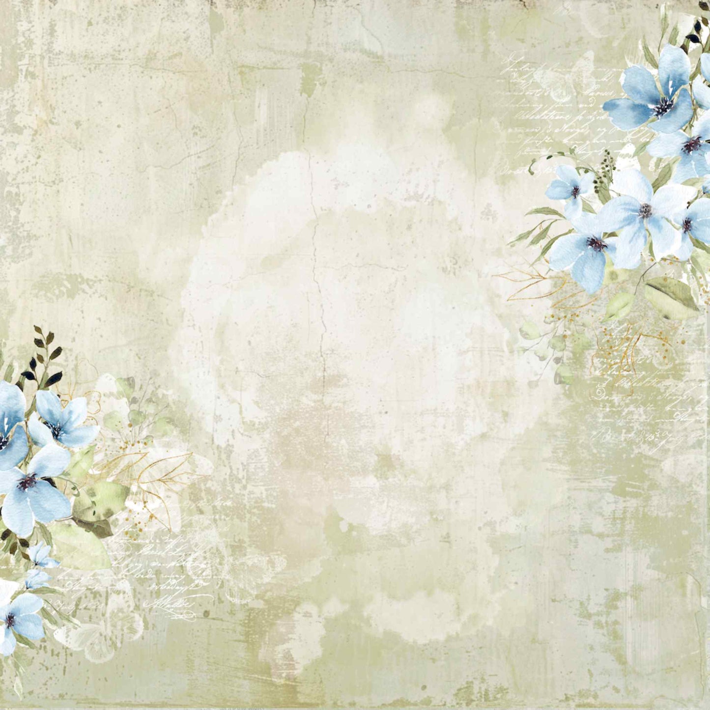 Uniquely Creative Delighted Curiosities Garden Relics 12x12 paper front side, featuring soft blue magnolias and white blossoms with foliage on a warm distressed cream and sage plaster background