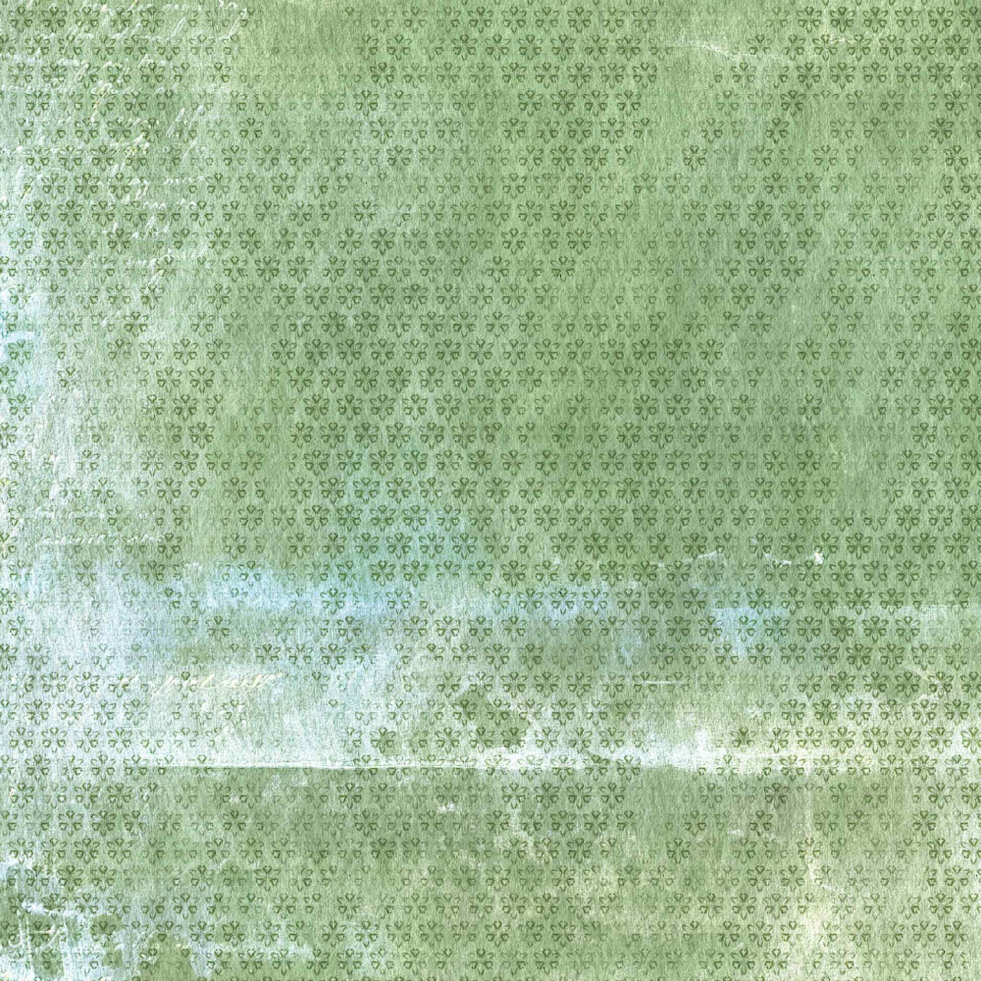 Uniquely Creative Delighted Curiosities Garden Relics 12x12 paper reverse side, featuring a sage green distressed ground with a fine all-over stamped floral motif