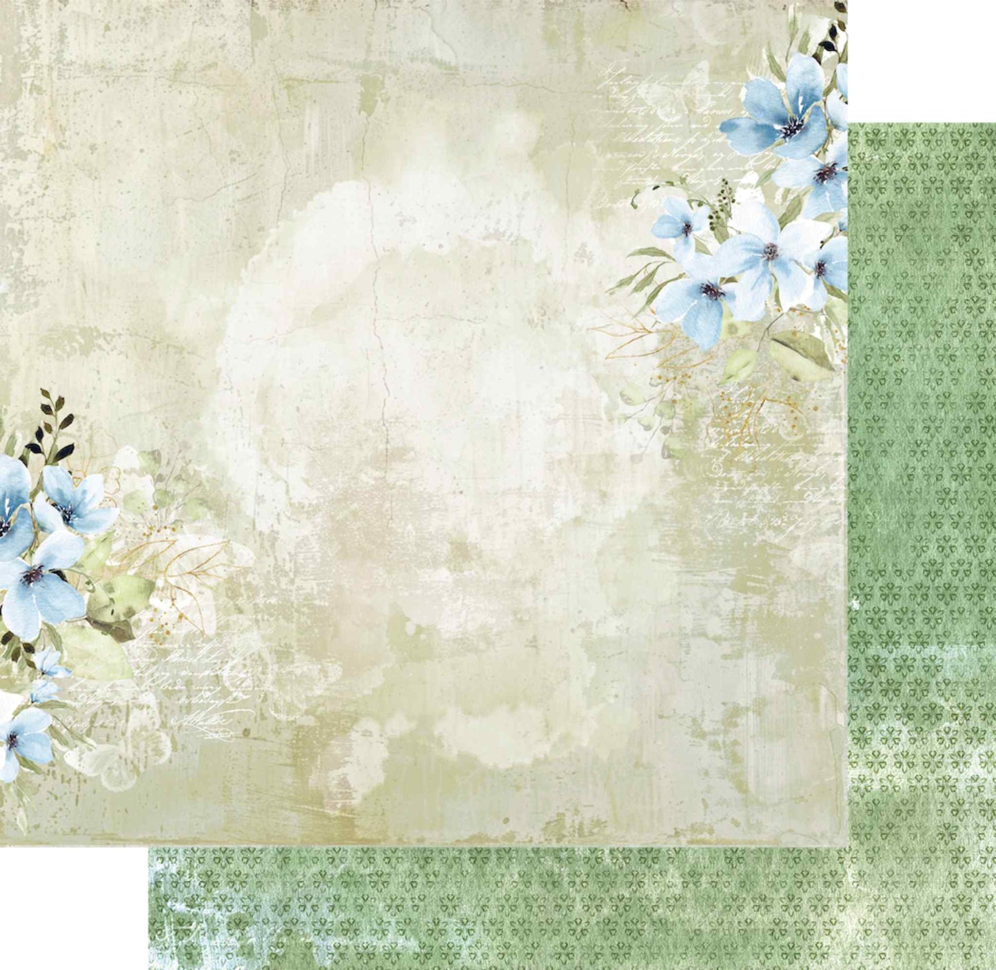 Uniquely Creative Delighted Curiosities Garden Relics 12x12 paper shown front and reverse, featuring blue magnolia florals on a distressed plaster background and sage green stamped floral reverse